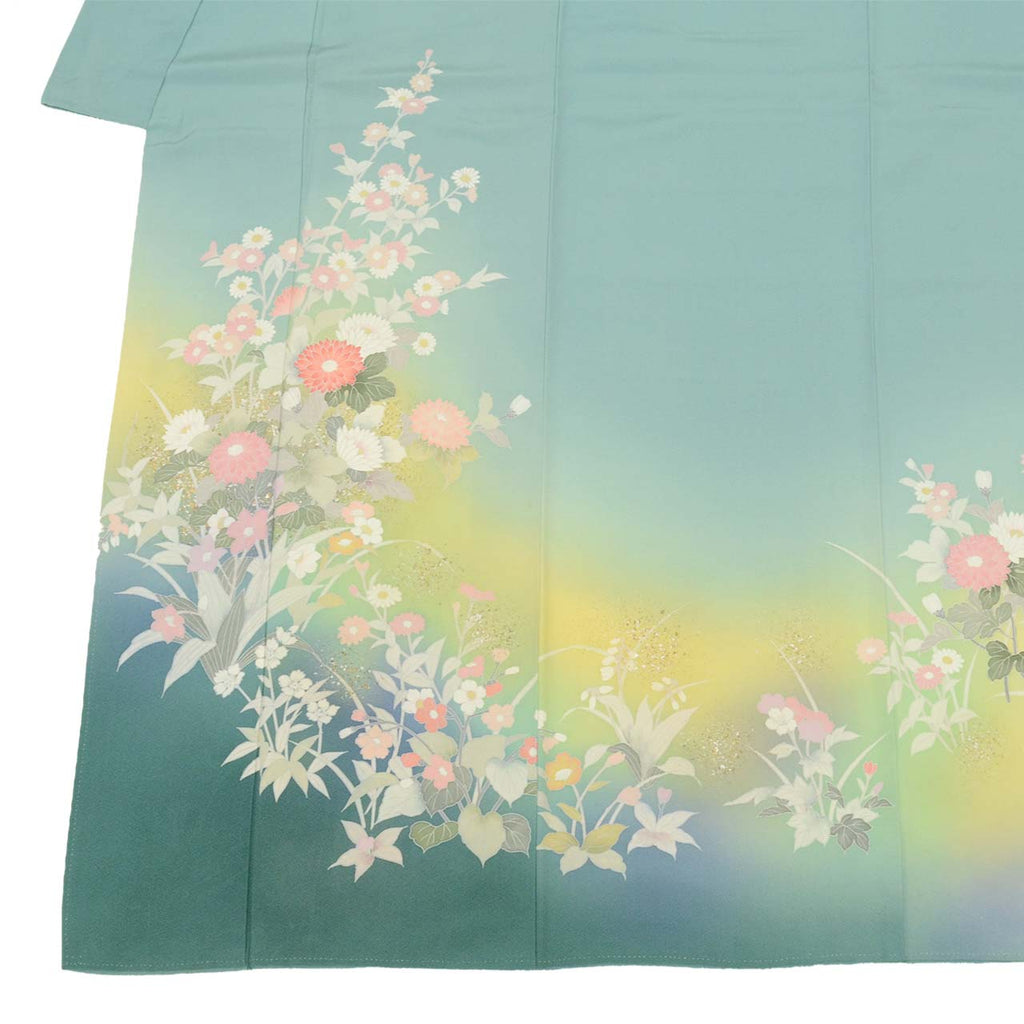 [Used] Recycled Kimono, Visiting Kimono, Pure Silk, Size M, Excellent Condition, Length 160.2cm (63.1in), Sleeve Length 67.4cm (26.5in), Lined, Ready-made, Signed by Artist, Yuzen Dyeing, Gold Leaf, Green, Floral Pattern, Silk, Reused uu2526b 