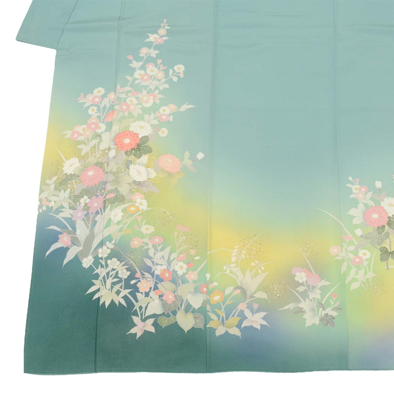 [Used] Recycled Kimono, Visiting Kimono, Pure Silk, Size M, Excellent Condition, Length 160.2cm (63.1in), Sleeve Length 67.4cm (26.5in), Lined, Ready-made, Signed by Artist, Yuzen Dyeing, Gold Leaf, Green, Floral Pattern, Silk, Reused uu2526b 
