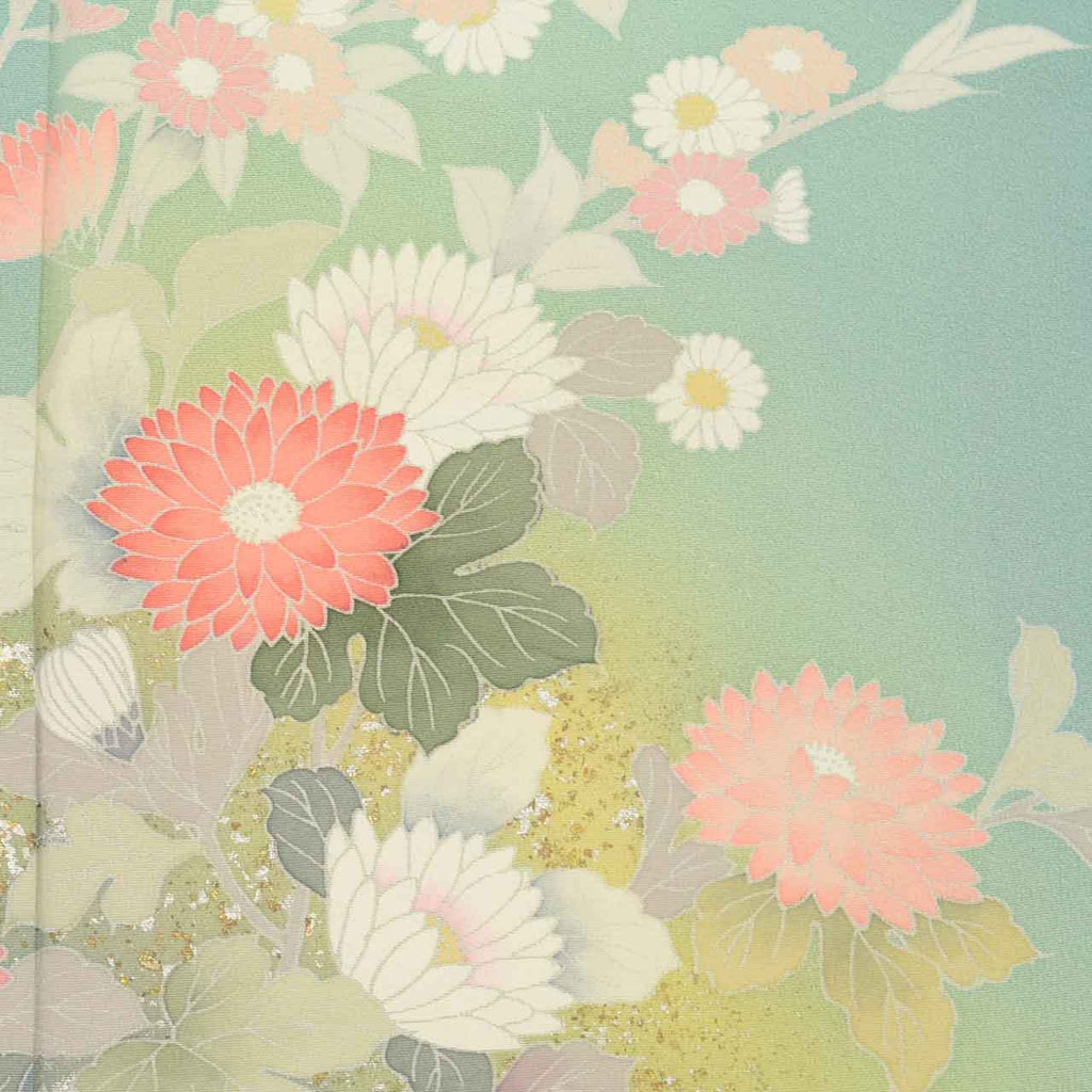 [Used] Recycled Kimono, Visiting Kimono, Pure Silk, Size M, Excellent Condition, Length 160.2cm (63.1in), Sleeve Length 67.4cm (26.5in), Lined, Ready-made, Signed by Artist, Yuzen Dyeing, Gold Leaf, Green, Floral Pattern, Silk, Reused uu2526b 
