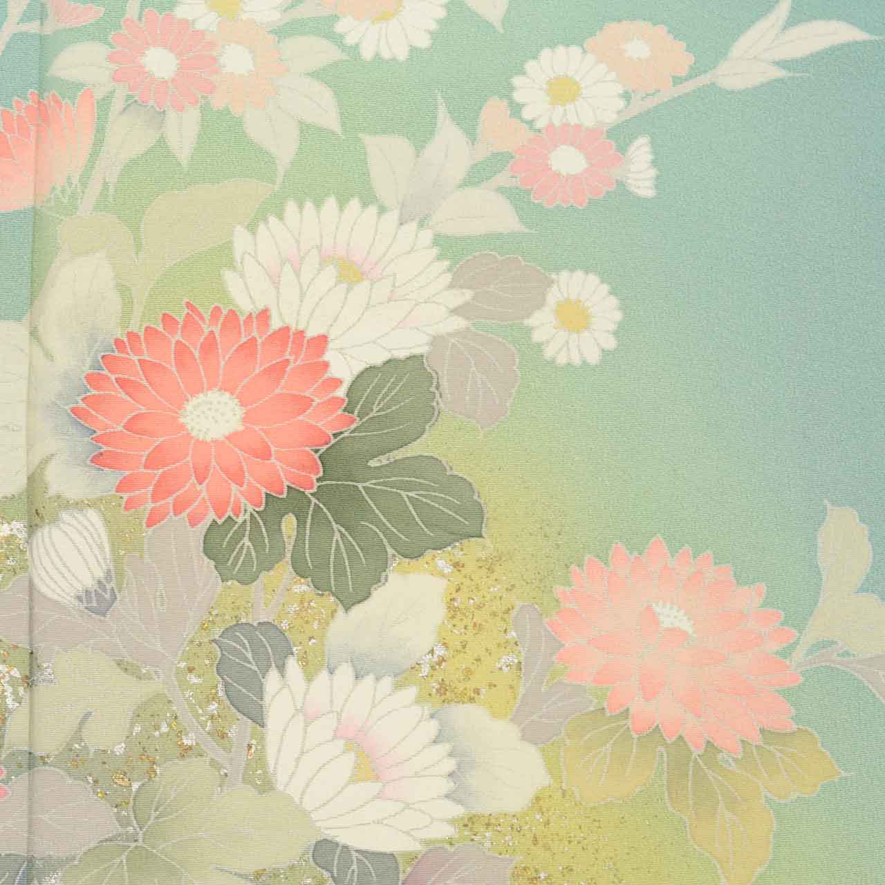 [Used] Recycled Kimono, Visiting Kimono, Pure Silk, Size M, Excellent Condition, Length 160.2cm (63.1in), Sleeve Length 67.4cm (26.5in), Lined, Ready-made, Signed by Artist, Yuzen Dyeing, Gold Leaf, Green, Floral Pattern, Silk, Reused uu2526b 