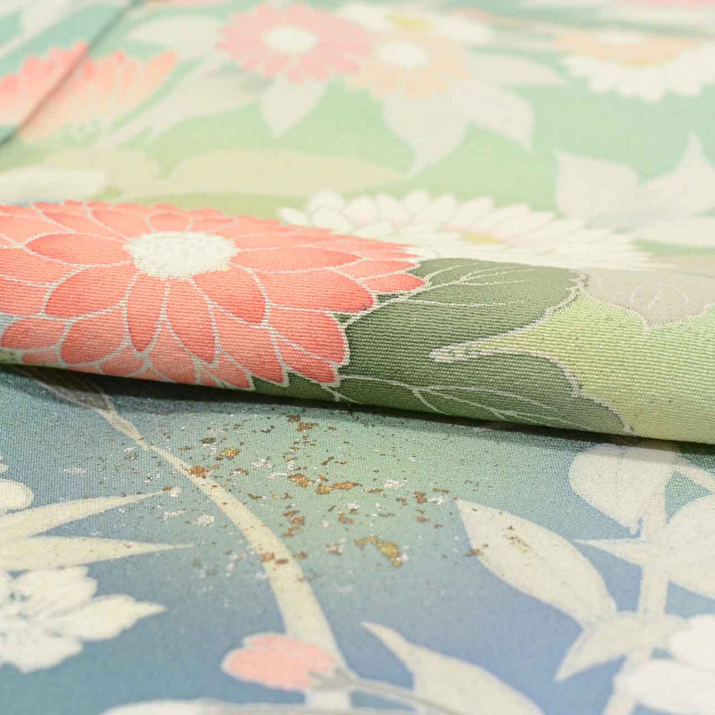 [Used] Recycled Kimono, Visiting Kimono, Pure Silk, Size M, Excellent Condition, Length 160.2cm (63.1in), Sleeve Length 67.4cm (26.5in), Lined, Ready-made, Signed by Artist, Yuzen Dyeing, Gold Leaf, Green, Floral Pattern, Silk, Reused uu2526b 