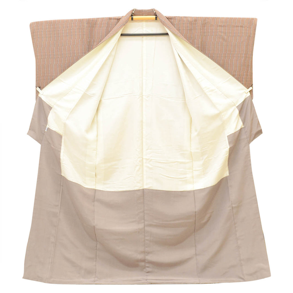 [Used] Recycled Kimono, Komon style, Pure Silk, Size L, Good Condition, Length 165.0cm (65.0in), Sleeve Length 65.0cm (25.6in), Lined, Ready-made, Brown Stripe, SILK, Reuse uu2527b 