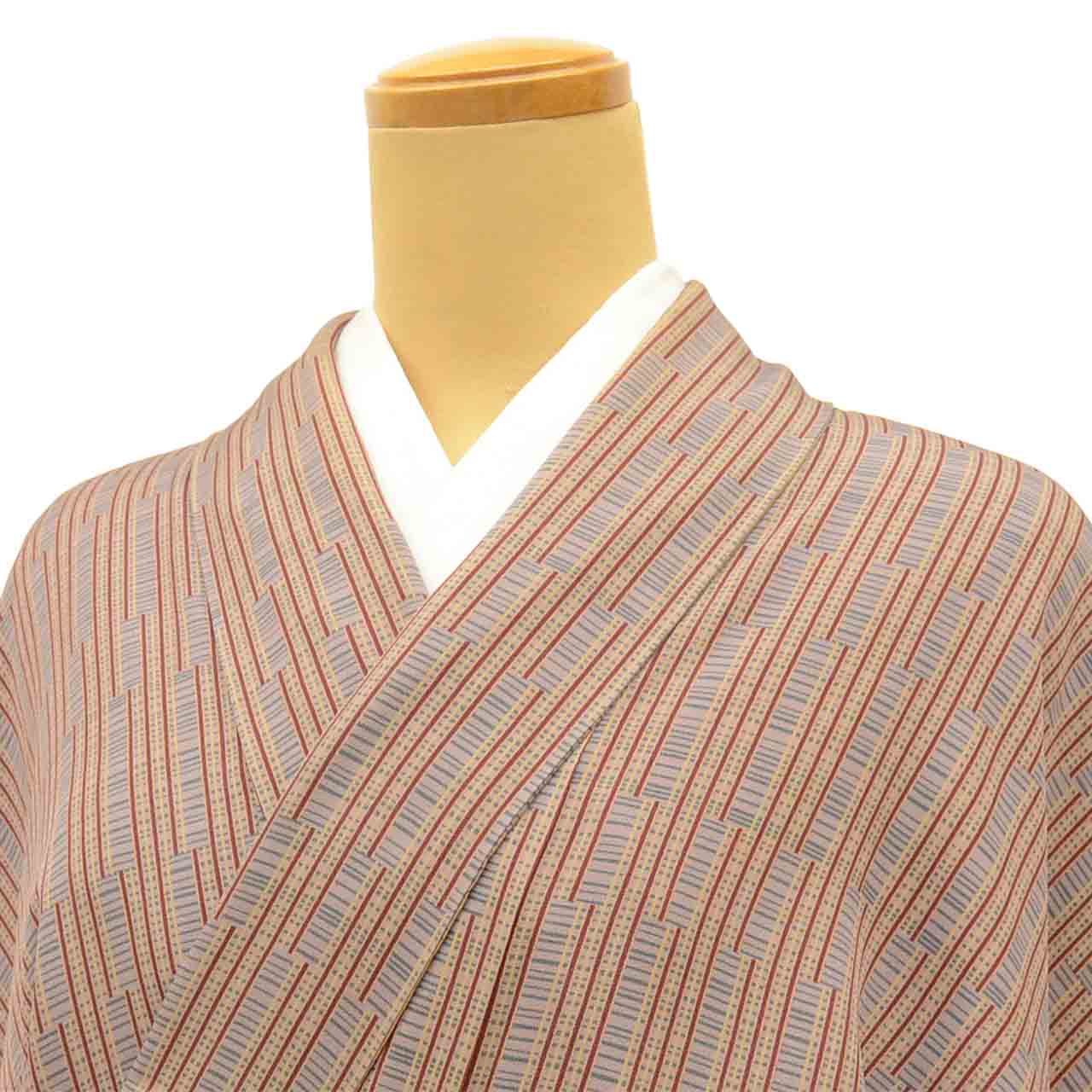 [Used] Recycled Kimono, Komon style, Pure Silk, Size L, Good Condition, Length 165.0cm (65.0in), Sleeve Length 65.0cm (25.6in), Lined, Ready-made, Brown Stripe, SILK, Reuse uu2527b 