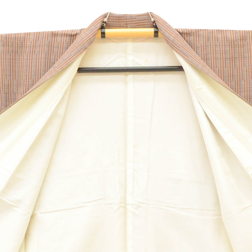 [Used] Recycled Kimono, Komon style, Pure Silk, Size L, Good Condition, Length 165.0cm (65.0in), Sleeve Length 65.0cm (25.6in), Lined, Ready-made, Brown Stripe, SILK, Reuse uu2527b 