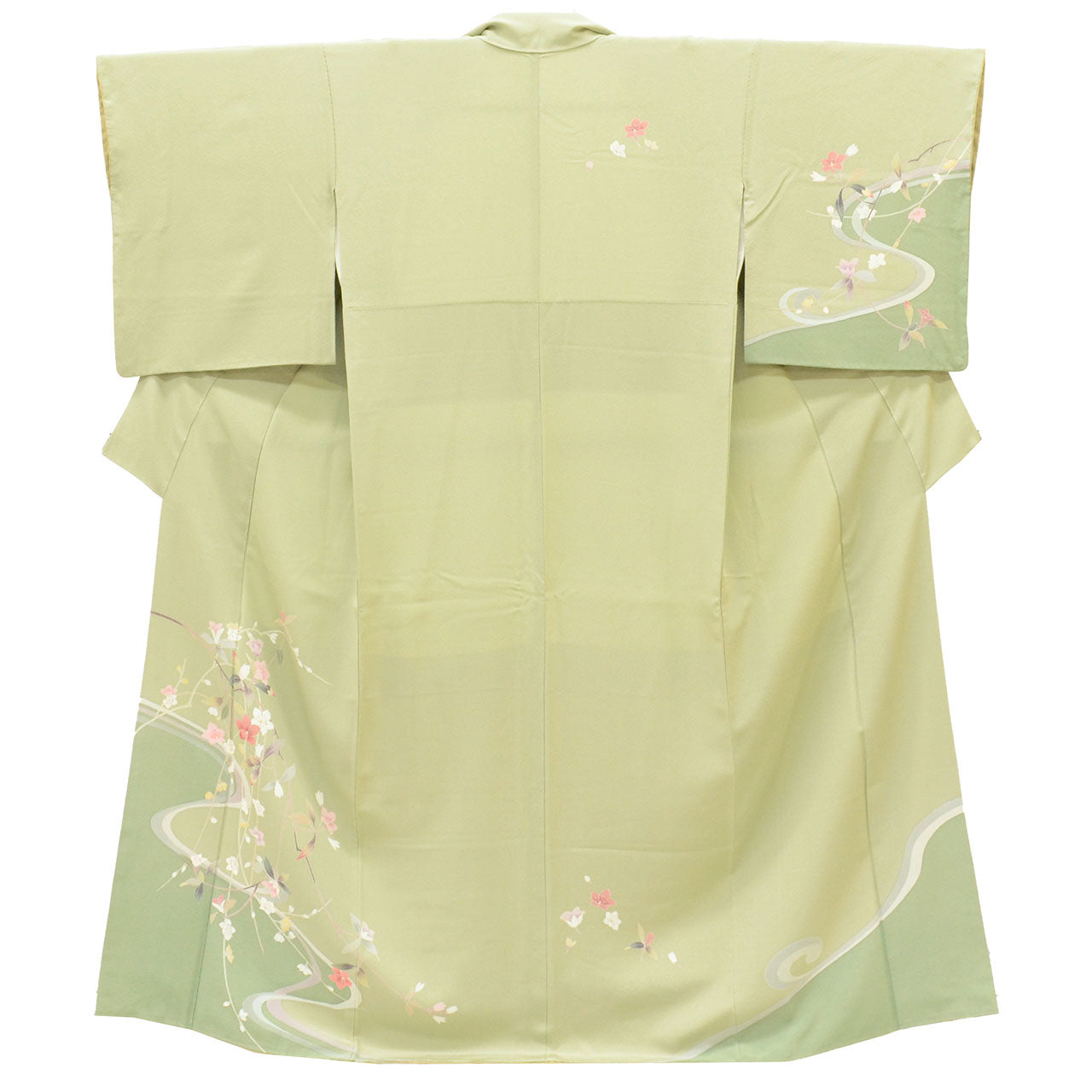 [Used] Recycled Kimono, Visiting Kimono, Pure Silk, Size M, Excellent Condition, Length 157.2cm (61.9in), Sleeve Length 65.5cm (25.8in), Lined, Ready-made, Yuzen Dyeing, Green, Floral and Flowing Water Pattern, Silk, Reuse uu2528b 