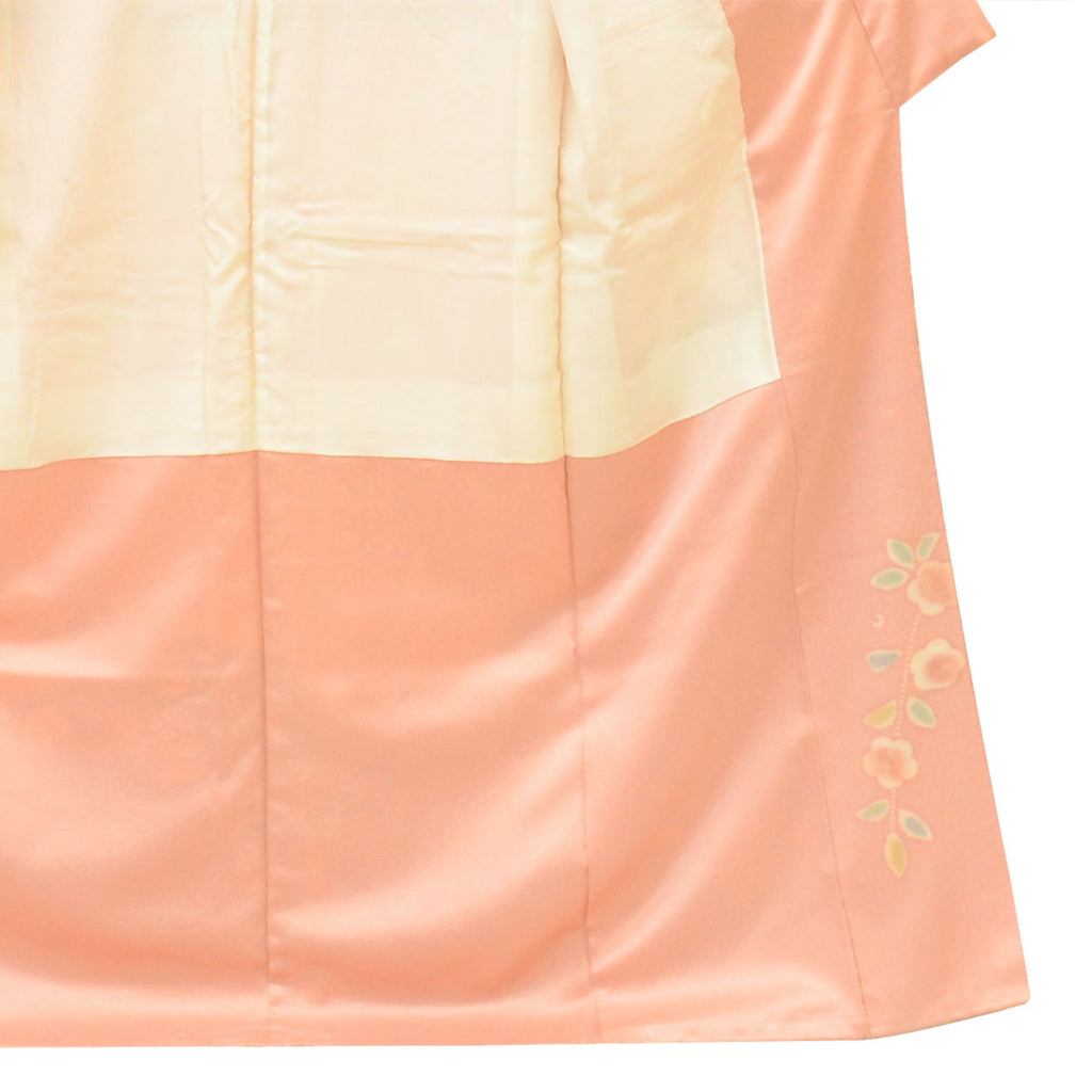 [Used] Recycled Kimono, Visiting Kimono, Pure Silk, Size L, Excellent Condition, Length 161.5cm, Textured Weave, Sleeve Length 67cm, Lined, Ready-made, One Family Crest, Signed by Artist, Gold Leaf, Pink, Floral and Fan Design, Silk, Reused uu2530b 