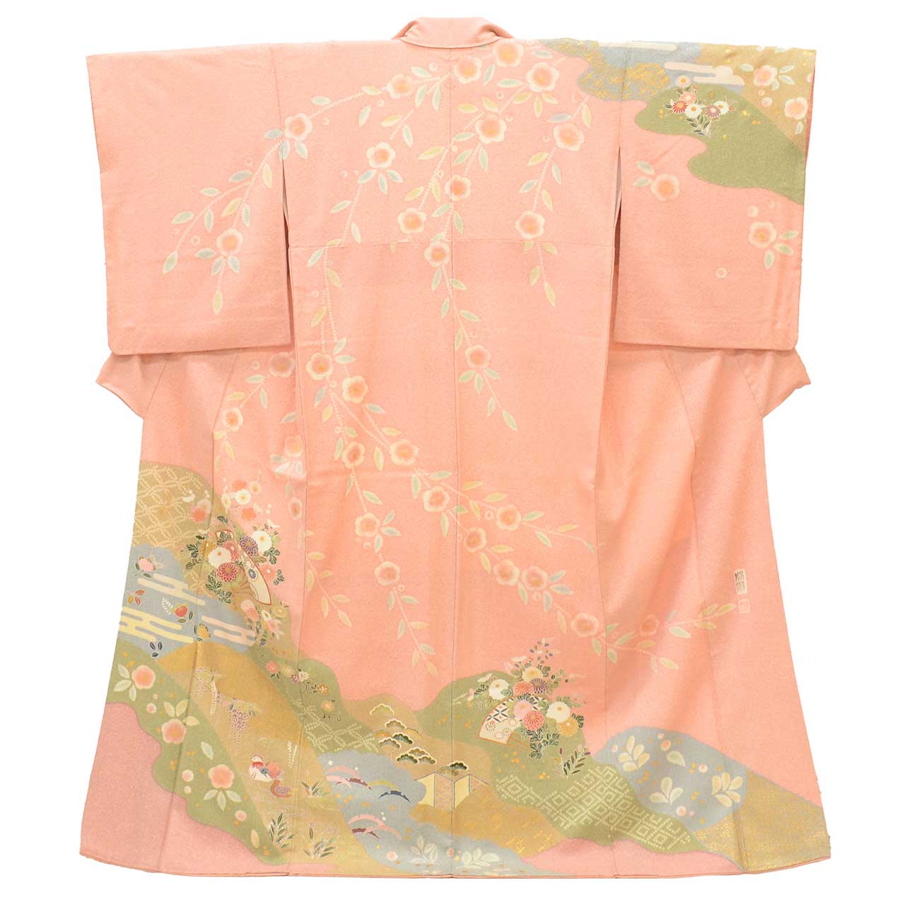 [Used] Recycled Kimono, Visiting Kimono, Pure Silk, Size L, Excellent Condition, Length 161.5cm, Textured Weave, Sleeve Length 67cm, Lined, Ready-made, One Family Crest, Signed by Artist, Gold Leaf, Pink, Floral and Fan Design, Silk, Reused uu2530b 