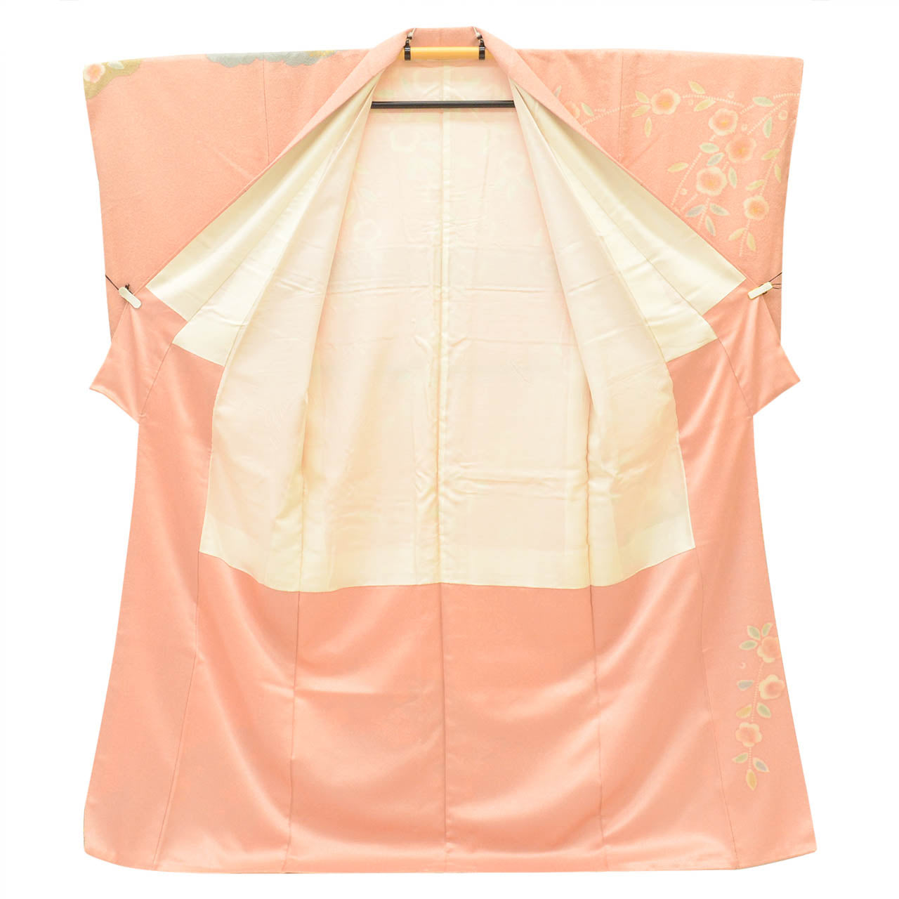 [Used] Recycled Kimono, Visiting Kimono, Pure Silk, Size L, Excellent Condition, Length 161.5cm, Textured Weave, Sleeve Length 67cm, Lined, Ready-made, One Family Crest, Signed by Artist, Gold Leaf, Pink, Floral and Fan Design, Silk, Reused uu2530b 