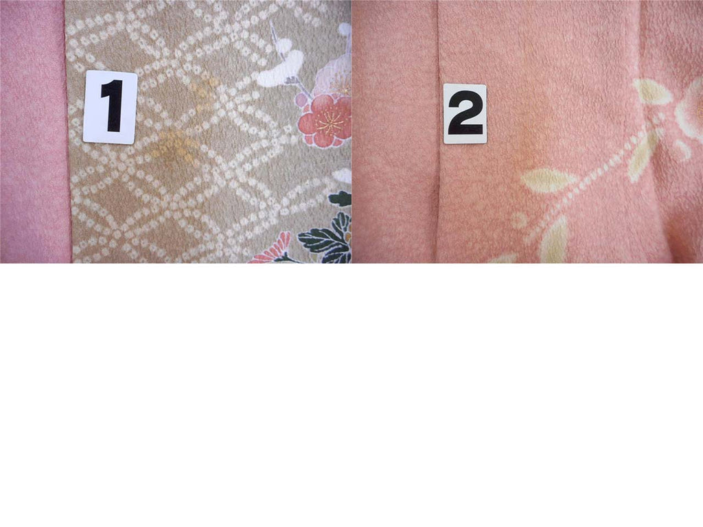 [Used] Recycled Kimono, Visiting Kimono, Pure Silk, Size L, Excellent Condition, Length 161.5cm, Textured Weave, Sleeve Length 67cm, Lined, Ready-made, One Family Crest, Signed by Artist, Gold Leaf, Pink, Floral and Fan Design, Silk, Reused uu2530b 