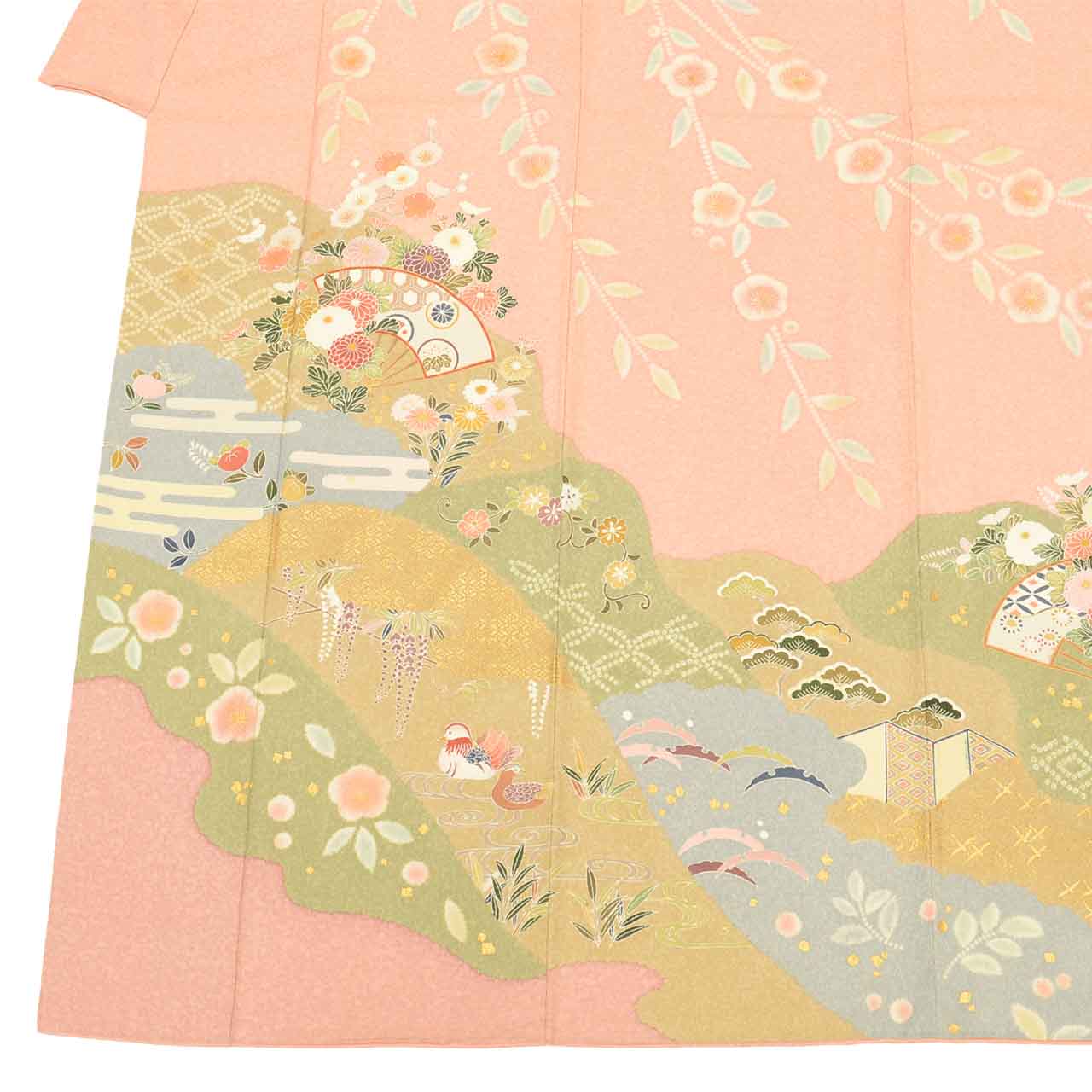 [Used] Recycled Kimono, Visiting Kimono, Pure Silk, Size L, Excellent Condition, Length 161.5cm, Textured Weave, Sleeve Length 67cm, Lined, Ready-made, One Family Crest, Signed by Artist, Gold Leaf, Pink, Floral and Fan Design, Silk, Reused uu2530b 