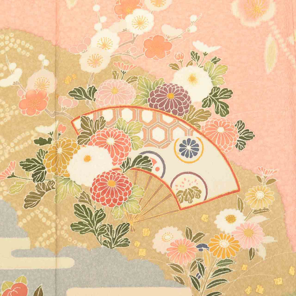 [Used] Recycled Kimono, Visiting Kimono, Pure Silk, Size L, Excellent Condition, Length 161.5cm, Textured Weave, Sleeve Length 67cm, Lined, Ready-made, One Family Crest, Signed by Artist, Gold Leaf, Pink, Floral and Fan Design, Silk, Reused uu2530b 