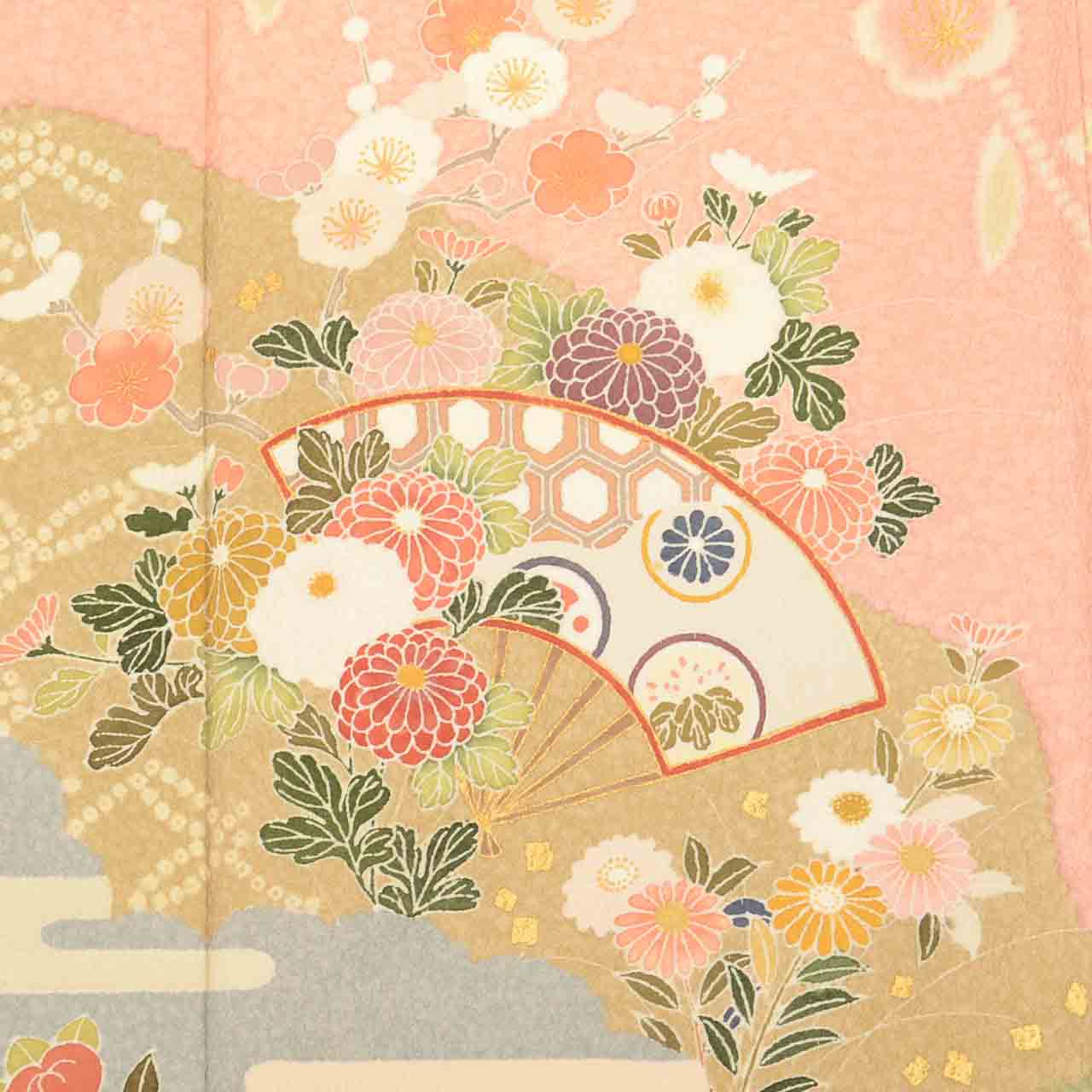 [Used] Recycled Kimono, Visiting Kimono, Pure Silk, Size L, Excellent Condition, Length 161.5cm, Textured Weave, Sleeve Length 67cm, Lined, Ready-made, One Family Crest, Signed by Artist, Gold Leaf, Pink, Floral and Fan Design, Silk, Reused uu2530b 
