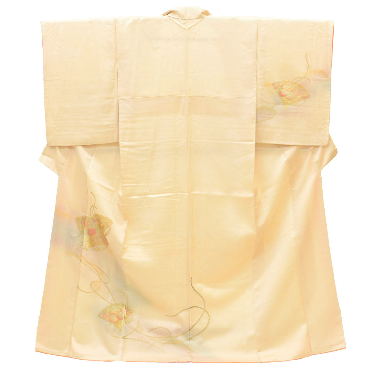 [Used] Recycled Kimono, Visiting Kimono, Pure Silk, Size L (Slightly Plus Size L), Excellent Condition, Length 161.8cm (63.7in), Made by Yamato, Sleeve Length 65.2cm (25.7in), Lined, Ready-made, Gold Embellishments, White, Fan Design, SILK, Reuse, uu2535b 