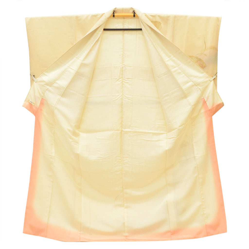 [Used] Recycled Kimono, Visiting Kimono, Pure Silk, Size L (Slightly Plus Size L), Excellent Condition, Length 161.8cm (63.7in), Made by Yamato, Sleeve Length 65.2cm (25.7in), Lined, Ready-made, Gold Embellishments, White, Fan Design, SILK, Reuse, uu2535b 