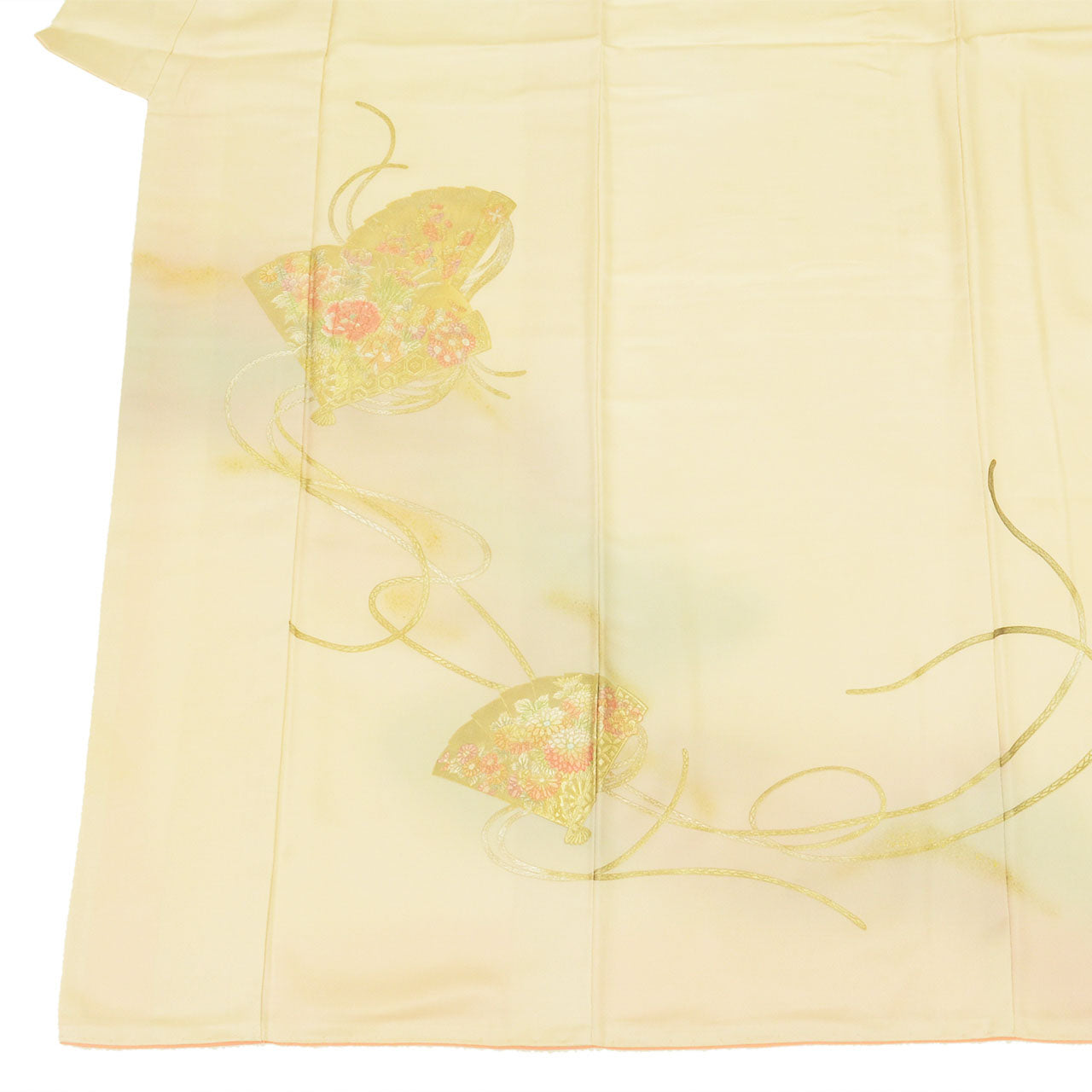 [Used] Recycled Kimono, Visiting Kimono, Pure Silk, Size L (Slightly Plus Size L), Excellent Condition, Length 161.8cm (63.7in), Made by Yamato, Sleeve Length 65.2cm (25.7in), Lined, Ready-made, Gold Embellishments, White, Fan Design, SILK, Reuse, uu2535b 
