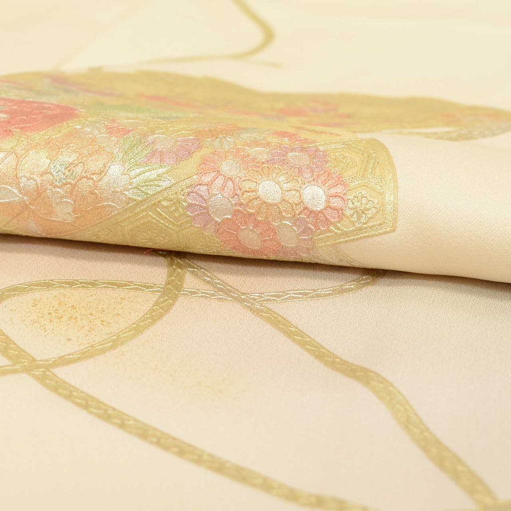 [Used] Recycled Kimono, Visiting Kimono, Pure Silk, Size L (Slightly Plus Size L), Excellent Condition, Length 161.8cm (63.7in), Made by Yamato, Sleeve Length 65.2cm (25.7in), Lined, Ready-made, Gold Embellishments, White, Fan Design, SILK, Reuse, uu2535b 