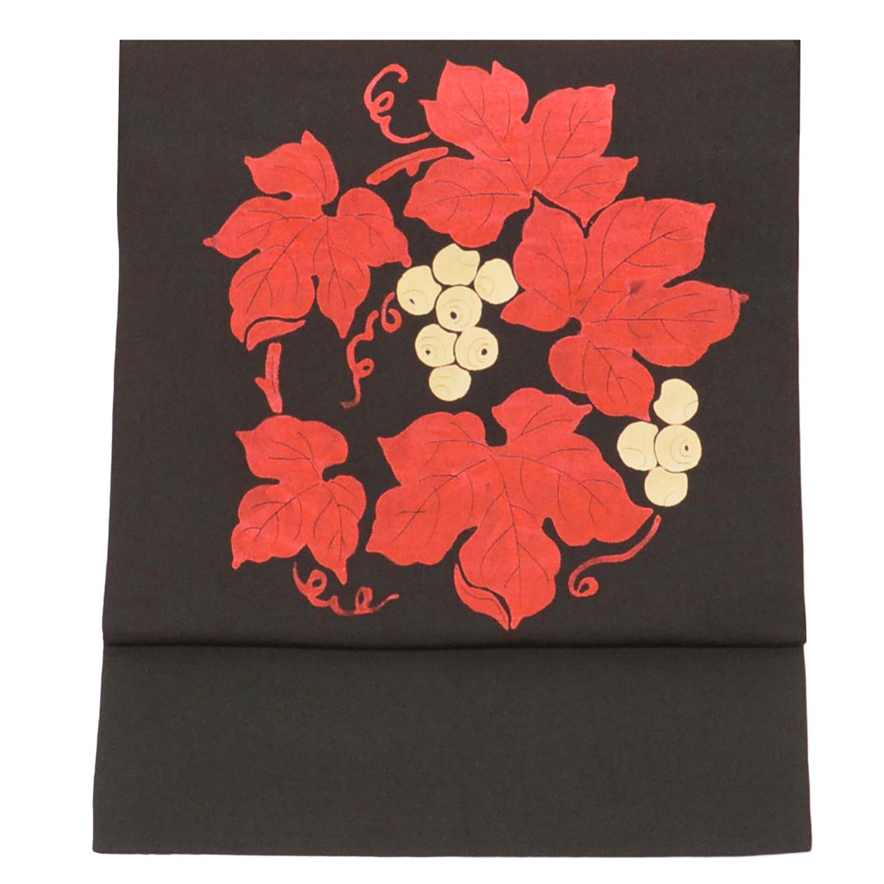 Vintage Japanese Obi | Nagoya Obi | Black Silk Habutae | Grape Pattern | Dye-painted | Sustainable | Sustainable | uu2547b