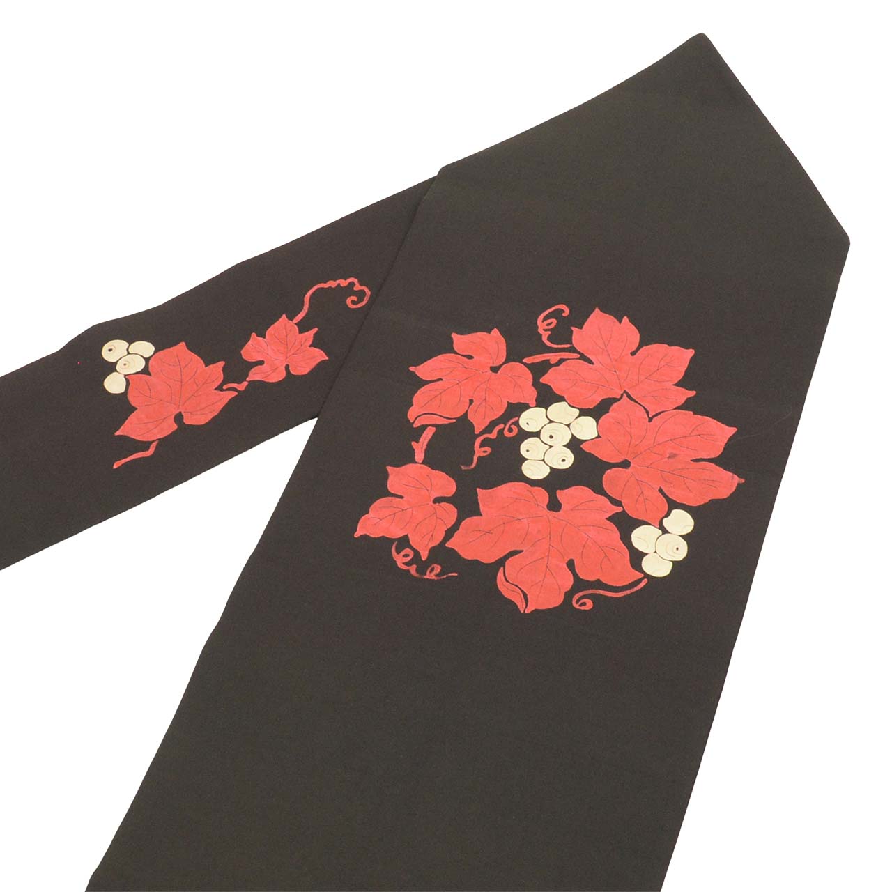 Vintage Japanese Obi | Nagoya Obi | Black Silk Habutae | Grape Pattern | Dye-painted | Sustainable | Sustainable | uu2547b