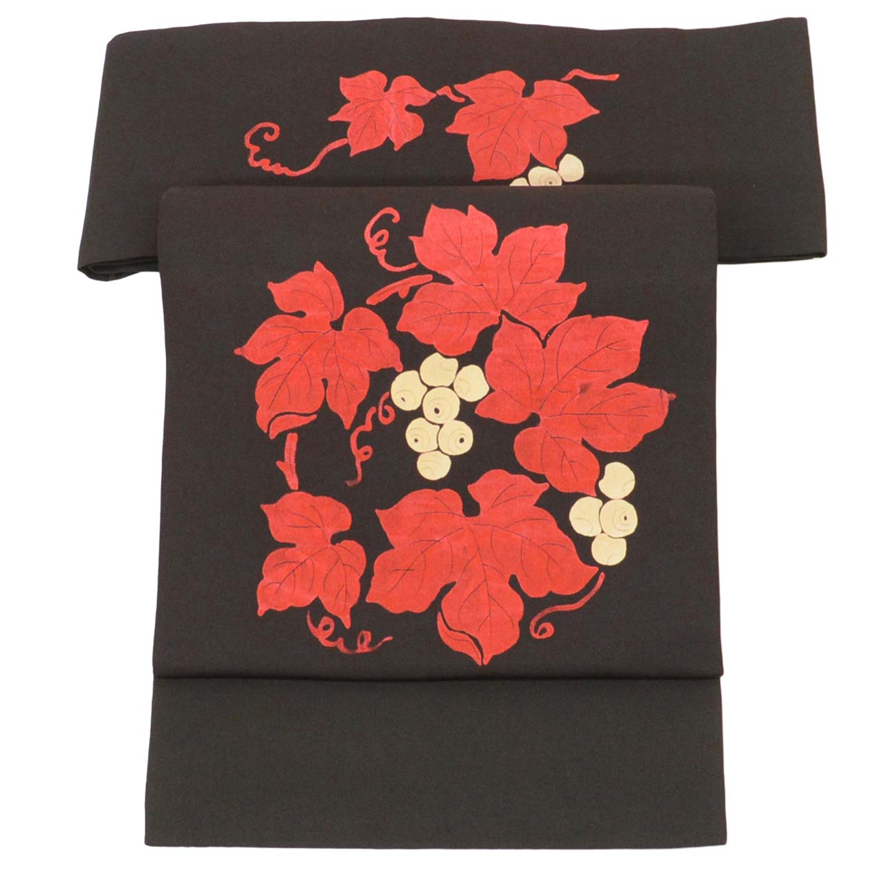 Vintage Japanese Obi | Nagoya Obi | Black Silk Habutae | Grape Pattern | Dye-painted | Sustainable | Sustainable | uu2547b