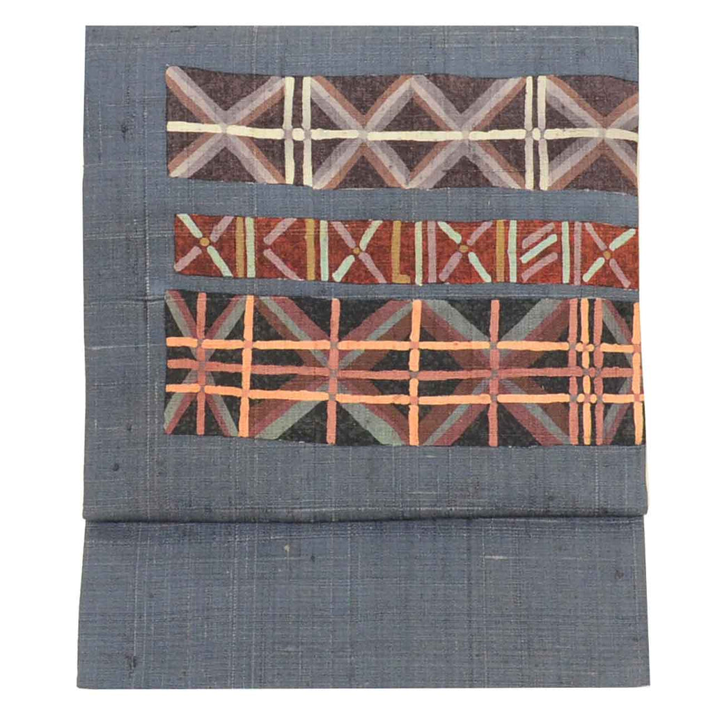 Vintage Japanese Obi | Nagoya Obi | Gray Silk Tsumugi | Geometric Pattern | Artist Signed | Excellent | Sustainable | Sustainable | uu2548b