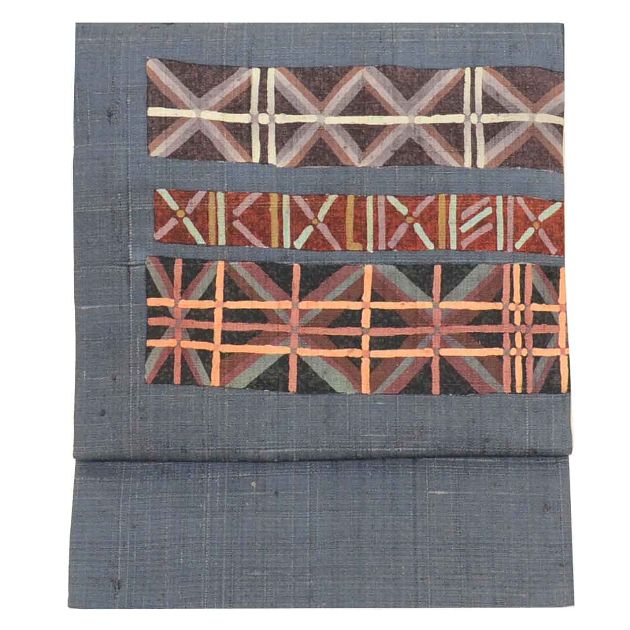 Vintage Japanese Obi | Nagoya Obi | Gray Silk Tsumugi | Geometric Pattern | Artist Signed | Excellent | Sustainable | Sustainable | uu2548b