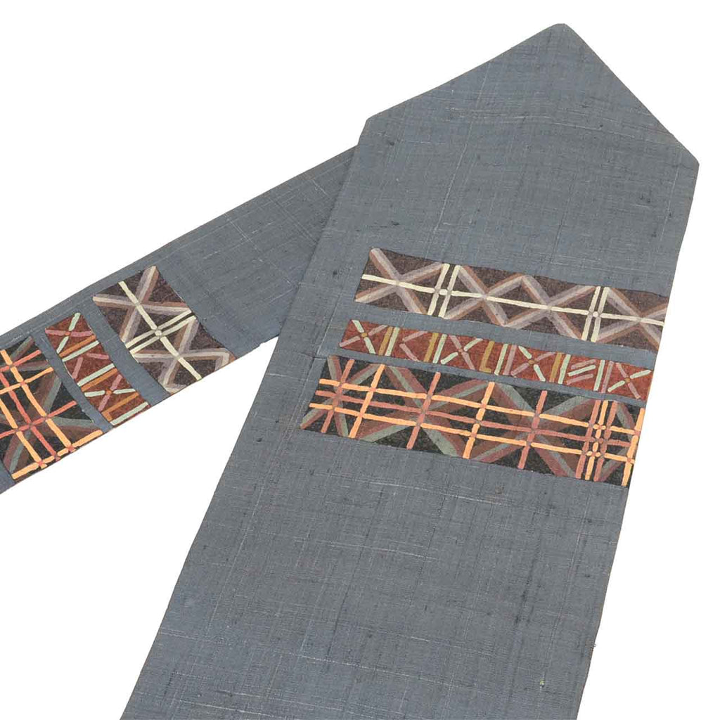 Vintage Japanese Obi | Nagoya Obi | Gray Silk Tsumugi | Geometric Pattern | Artist Signed | Excellent | Sustainable | Sustainable | uu2548b