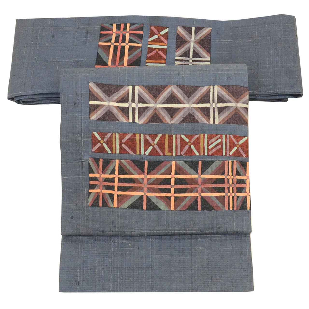 Vintage Japanese Obi | Nagoya Obi | Gray Silk Tsumugi | Geometric Pattern | Artist Signed | Excellent | Sustainable | Sustainable | uu2548b