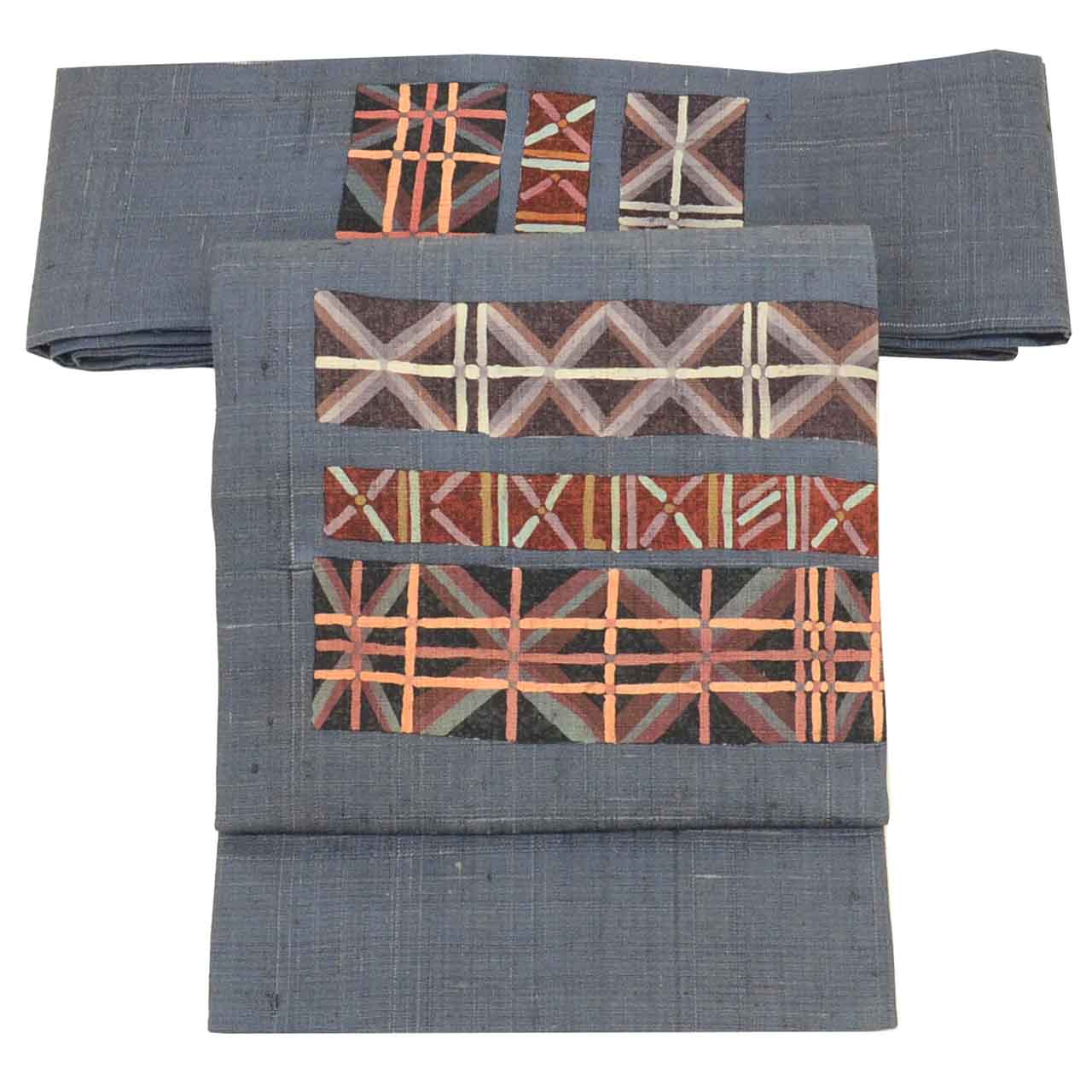 Vintage Japanese Obi | Nagoya Obi | Gray Silk Tsumugi | Geometric Pattern | Artist Signed | Excellent | Sustainable | Sustainable | uu2548b