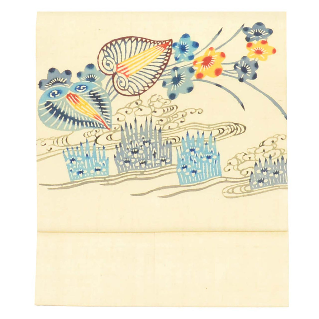 Vintage Japanese Obi | Nagoya Obi | White Silk Tsumugi | Stream Floral | Kata-zome | Excellent | Sustainable | Sustainable | uu2549b