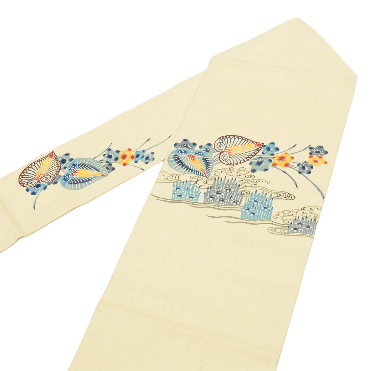 Vintage Japanese Obi | Nagoya Obi | White Silk Tsumugi | Stream Floral | Kata-zome | Excellent | Sustainable | Sustainable | uu2549b