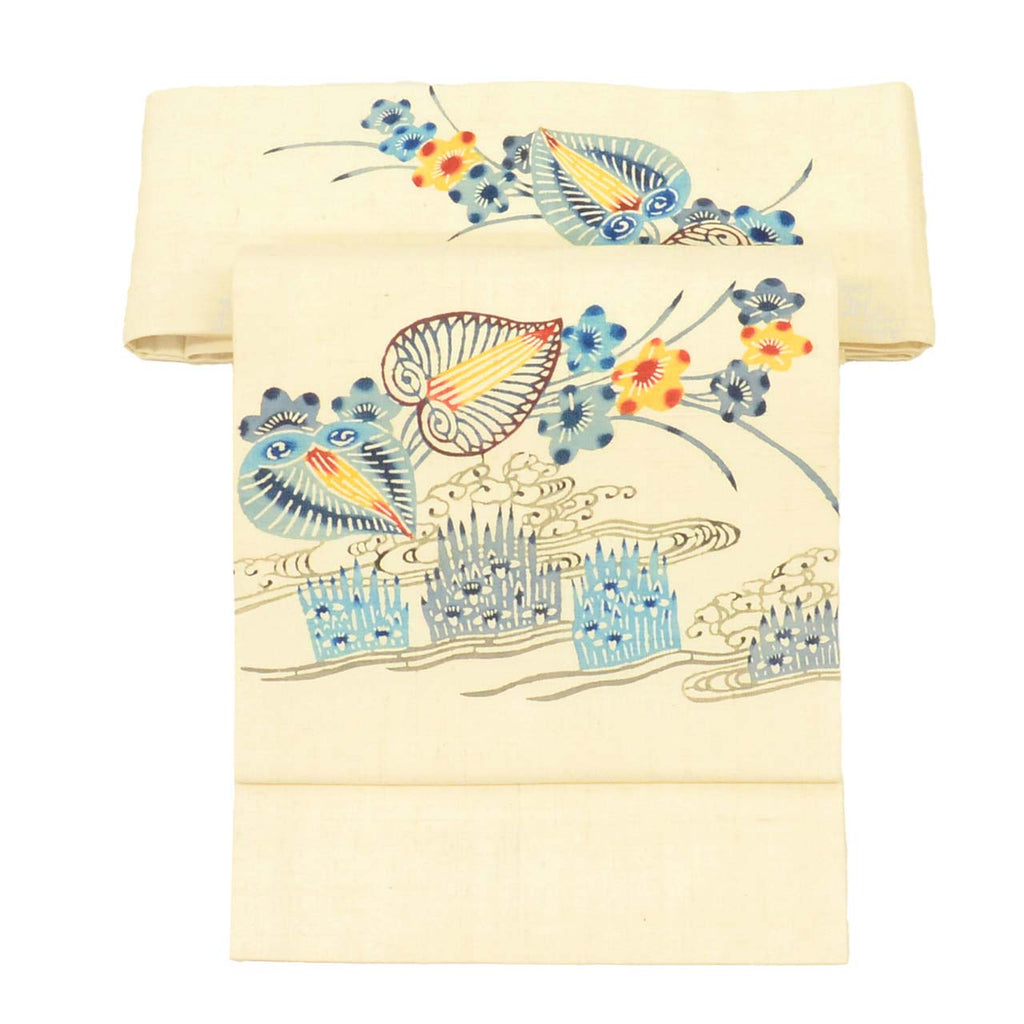 Vintage Japanese Obi | Nagoya Obi | White Silk Tsumugi | Stream Floral | Kata-zome | Excellent | Sustainable | Sustainable | uu2549b