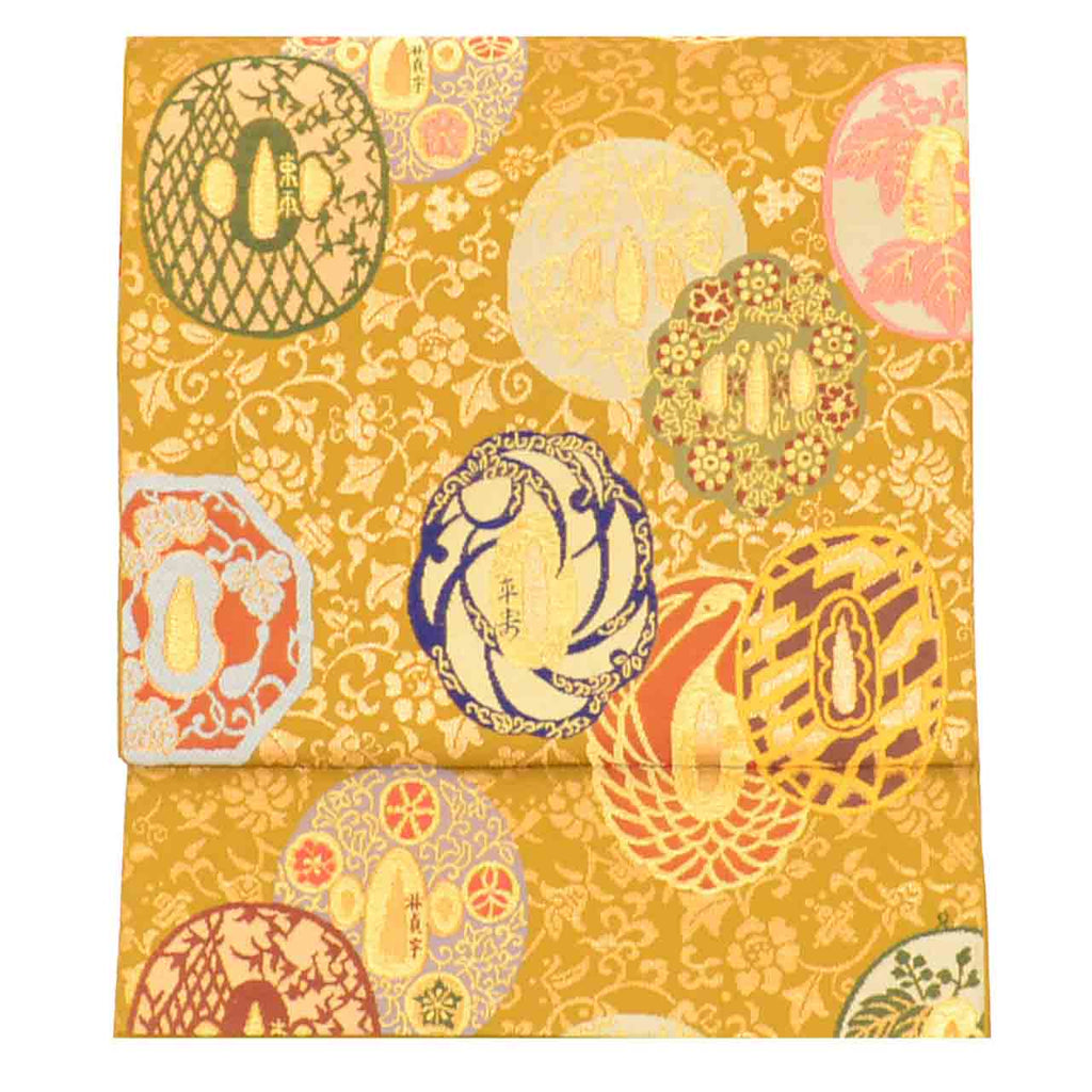 Vintage Japanese Obi | Fukuro Obi | Gold Silk | Japanese Sword Tsuba Pattern | Nishijin | Artist Kawasaki Haruo | Sustainable | uu2552b