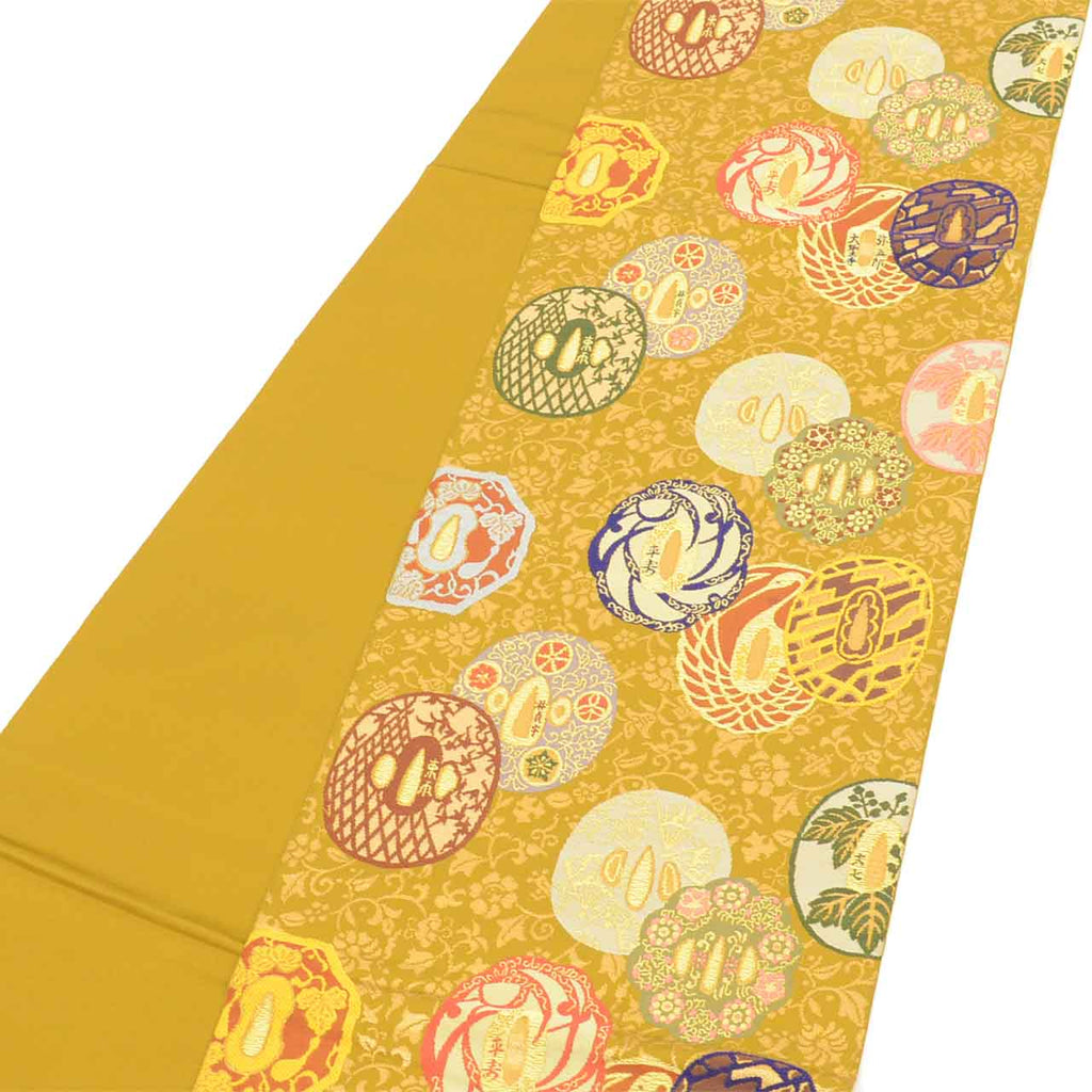Vintage Japanese Obi | Fukuro Obi | Gold Silk | Japanese Sword Tsuba Pattern | Nishijin | Artist Kawasaki Haruo | Sustainable | uu2552b