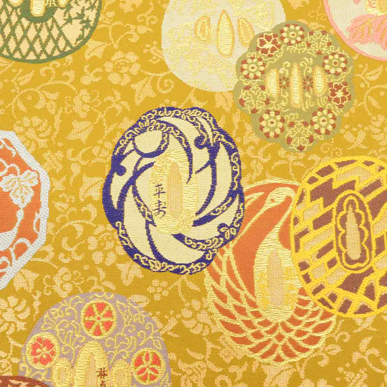 Vintage Japanese Obi | Fukuro Obi | Gold Silk | Japanese Sword Tsuba Pattern | Nishijin | Artist Kawasaki Haruo | Sustainable | uu2552b
