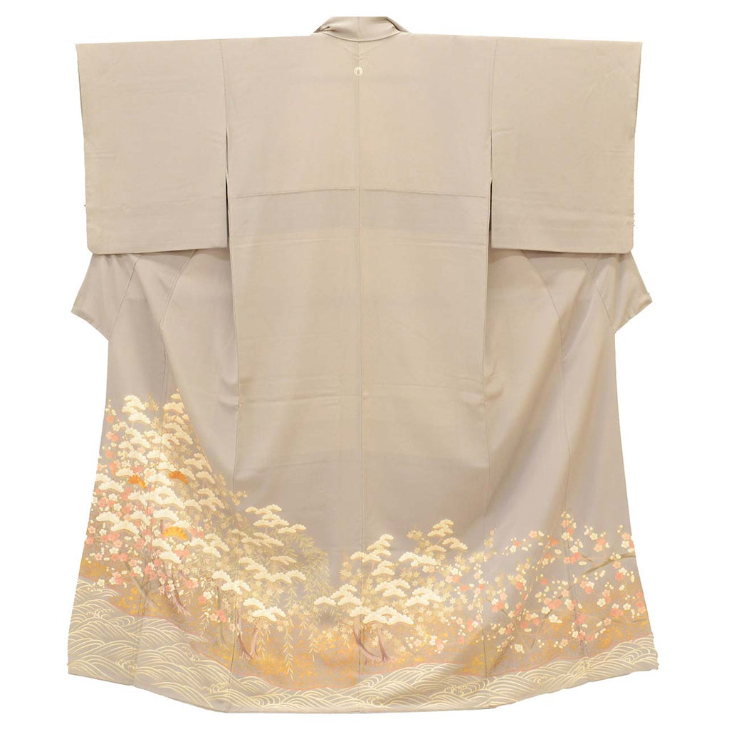 [Used] Colored Tomesode Kimono, Recycled Kimono, Pure Silk, Size M, Excellent Condition, Length 158.2cm, Sleeve Length 64cm, Lined, Ready-made, One Family Crest, Gold Embroidery, Gold Leaf, Purple, Pine and Plum Blossom, Silk, Reuse uu2556b 