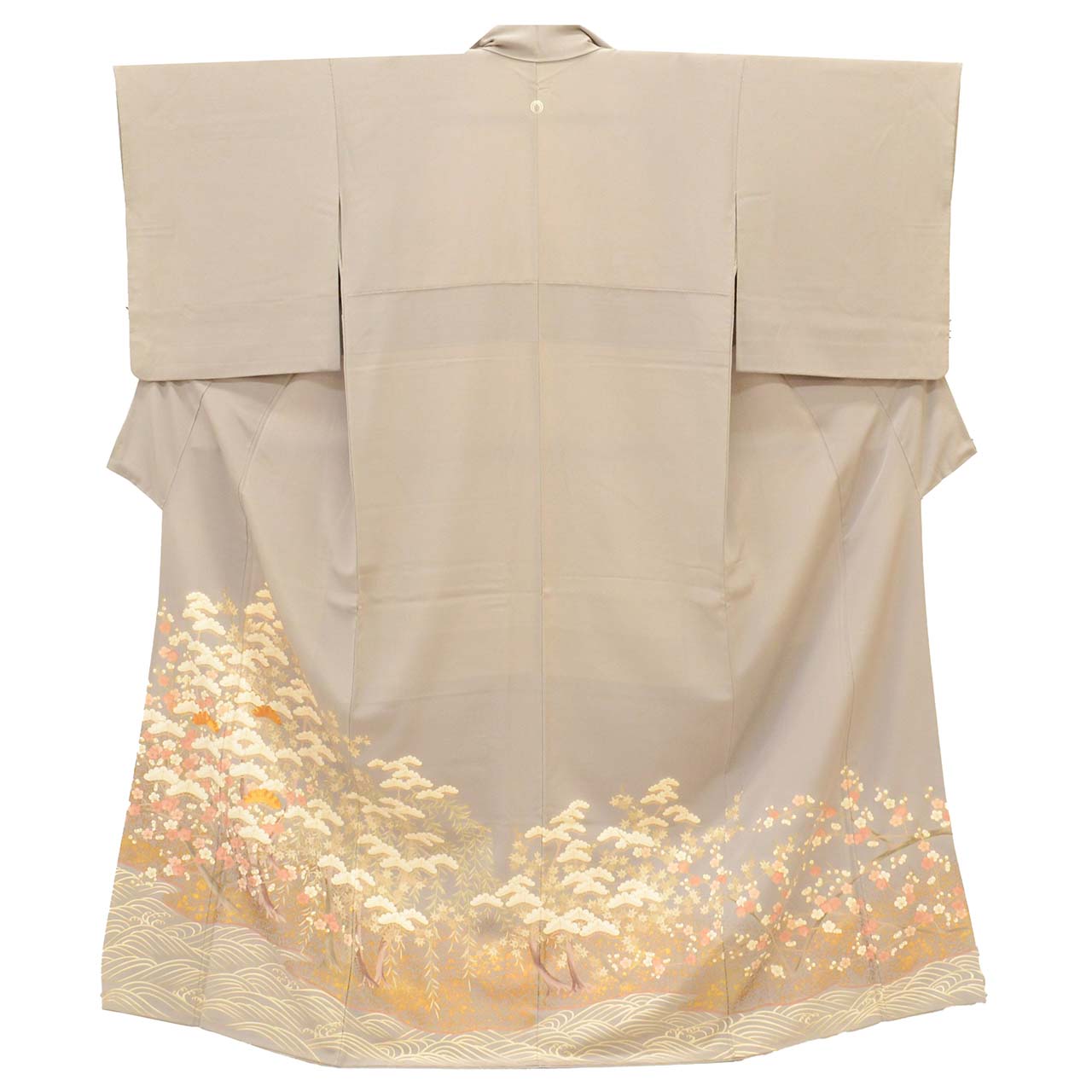 [Used] Colored Tomesode Kimono, Recycled Kimono, Pure Silk, Size M, Excellent Condition, Length 158.2cm, Sleeve Length 64cm, Lined, Ready-made, One Family Crest, Gold Embroidery, Gold Leaf, Purple, Pine and Plum Blossom, Silk, Reuse uu2556b 