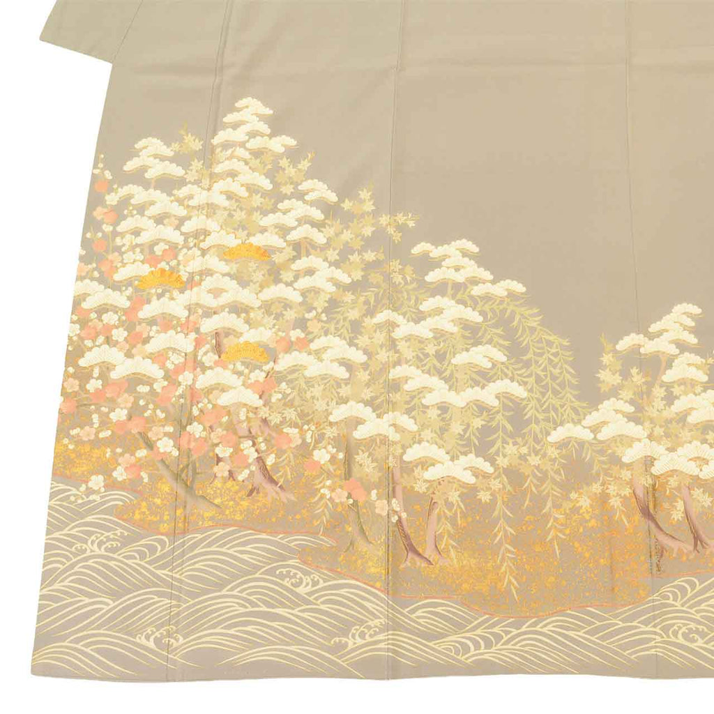 [Used] Colored Tomesode Kimono, Recycled Kimono, Pure Silk, Size M, Excellent Condition, Length 158.2cm, Sleeve Length 64cm, Lined, Ready-made, One Family Crest, Gold Embroidery, Gold Leaf, Purple, Pine and Plum Blossom, Silk, Reuse uu2556b 