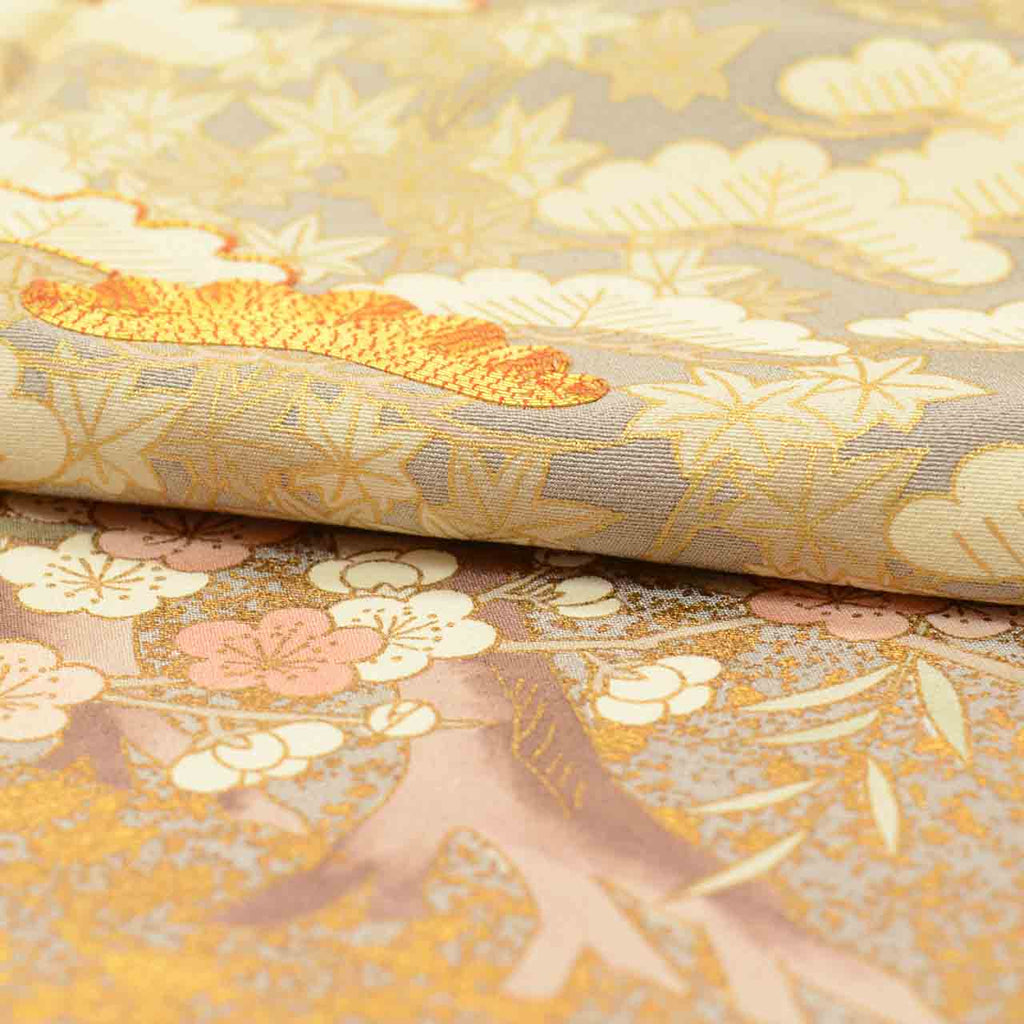 [Used] Colored Tomesode Kimono, Recycled Kimono, Pure Silk, Size M, Excellent Condition, Length 158.2cm, Sleeve Length 64cm, Lined, Ready-made, One Family Crest, Gold Embroidery, Gold Leaf, Purple, Pine and Plum Blossom, Silk, Reuse uu2556b 