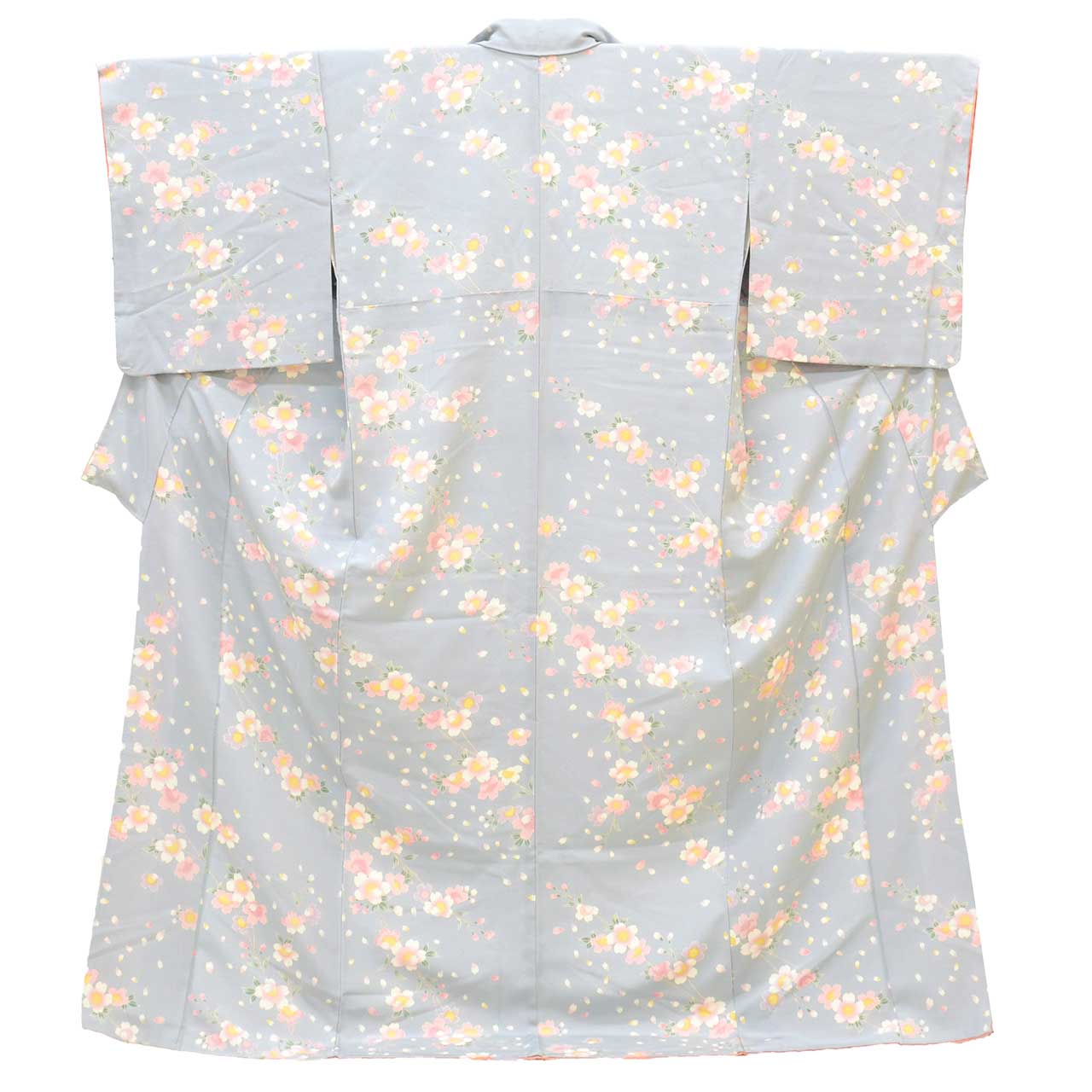 [Used] Recycled Kimono, Komon style, Pure Silk, Size L (Slightly Plus Size L), Excellent Condition, Length 165.5cm (65.2in), Sleeve Length 67.5cm (26.6in), Lined, Ready-made, Gray with Cherry Blossom Pattern, Silk, Reused, uu2558b 