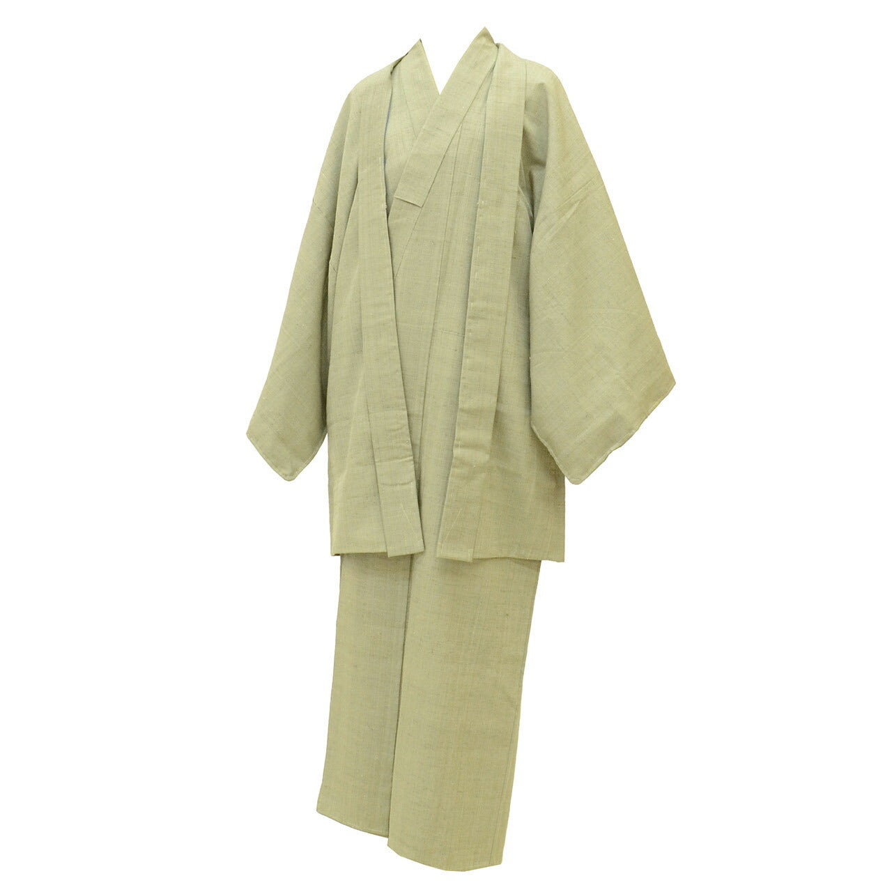 [Used] Recycled Kimono and Haori Ensemble for Men, Tsumugi Silk, Unused, Sleeve Length 72.0cm (28.3in), Body Length 144.5cm (56.9in), Size M, Green, Plant-dyed, Yazosha, Men's uu2560b 