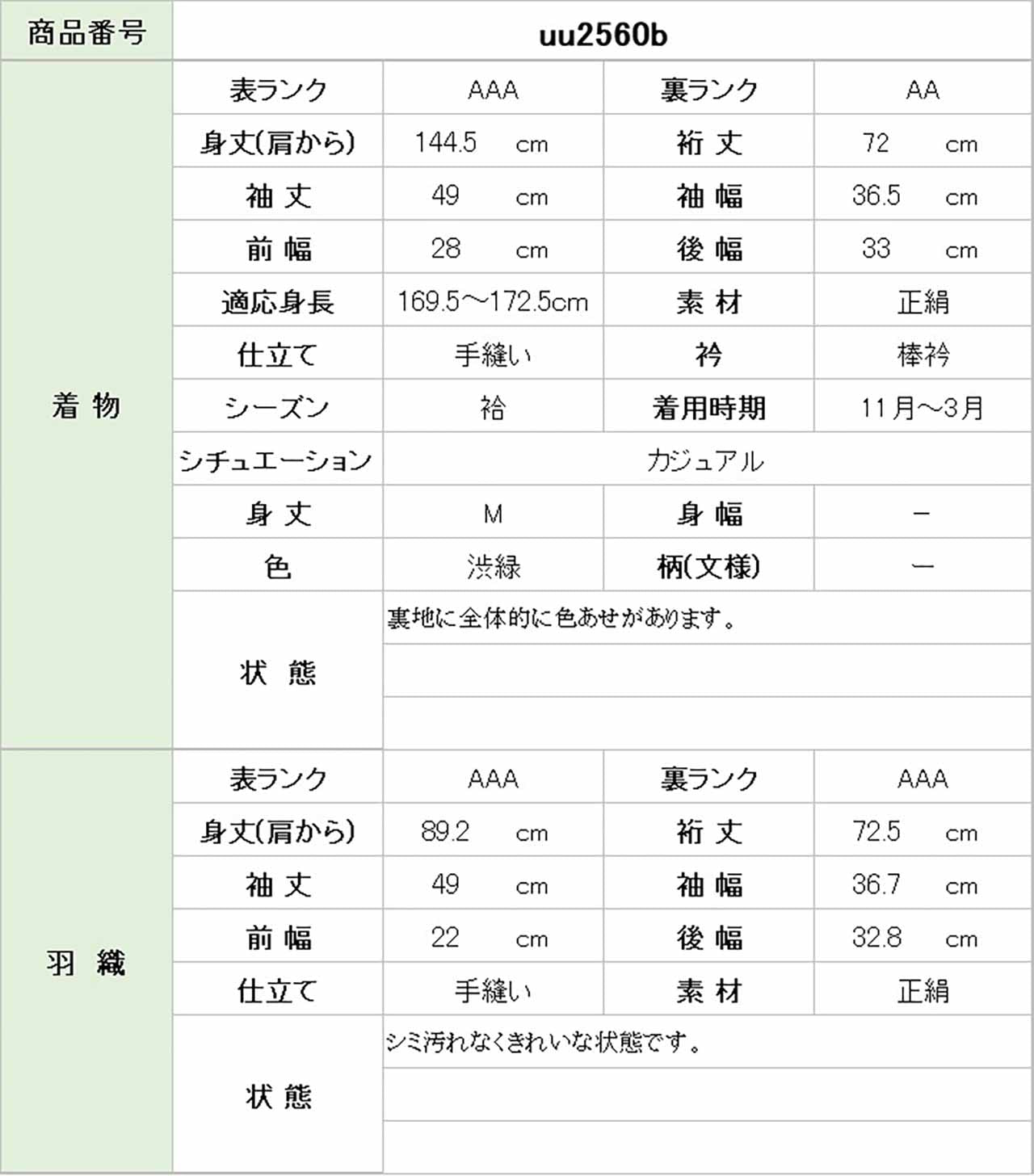 [Used] Recycled Kimono and Haori Ensemble for Men, Tsumugi Silk, Unused, Sleeve Length 72.0cm (28.3in), Body Length 144.5cm (56.9in), Size M, Green, Plant-dyed, Yazosha, Men's uu2560b 