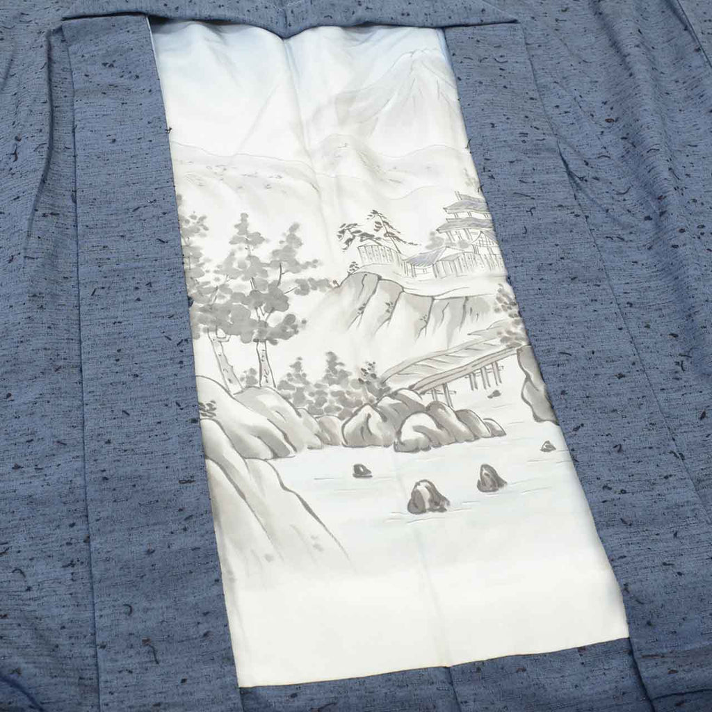 [Used] Recycled Kimono and Haori Ensemble for Men, Hige Tsumugi Silk, Sleeve Length 74.0cm (29.1in), Body Length 156.5cm (61.6in), Size LL, Navy Blue, Men's uu2562b 