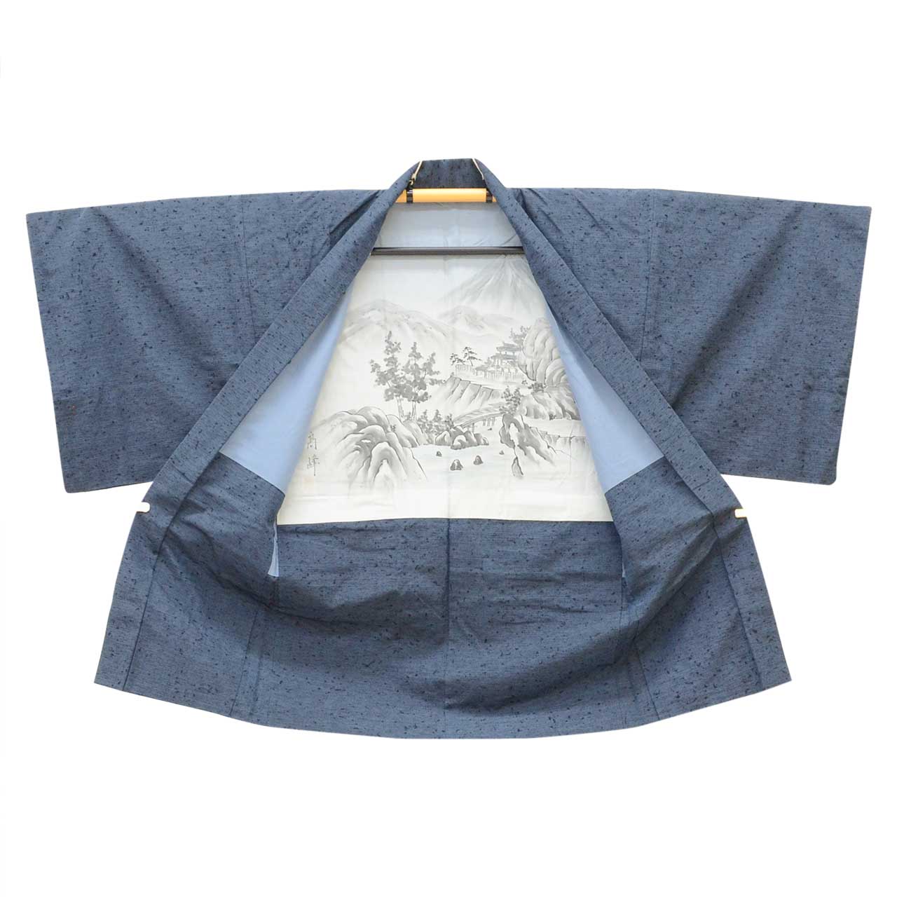 [Used] Recycled Kimono and Haori Ensemble for Men, Hige Tsumugi Silk, Sleeve Length 74.0cm (29.1in), Body Length 156.5cm (61.6in), Size LL, Navy Blue, Men's uu2562b 