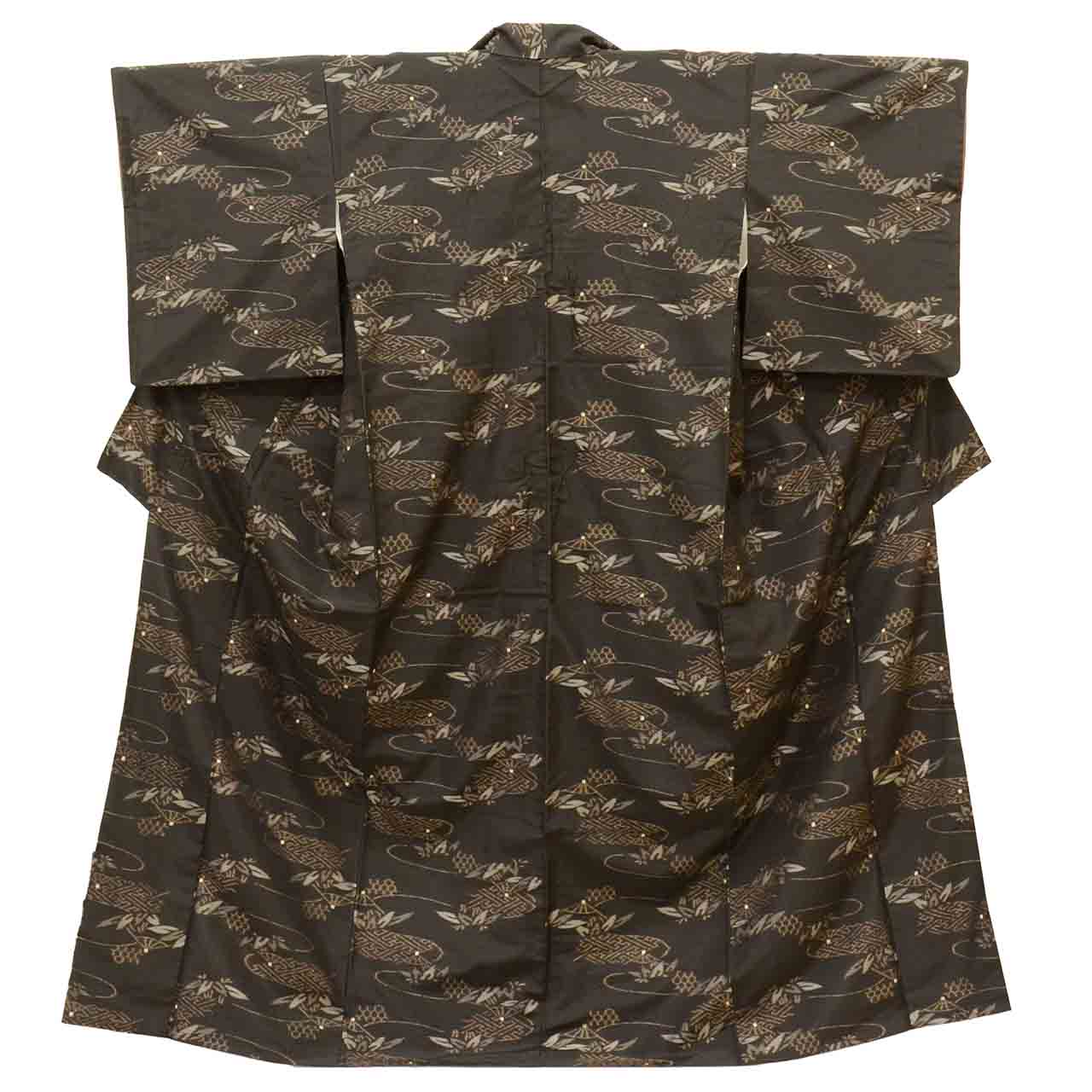 [Used] Kurume Kasuri Recycled Kimono, Pure Silk, Size M, Premium Quality, Length 159.8cm, Kurume Silk Oshima, Matsuzakaya Made, Sleeve Length 64.8cm, Lined, Ready-made, Post-dyed, Brown, Flowing Water and Bamboo Pattern, SILK, Reuse uu2567b 