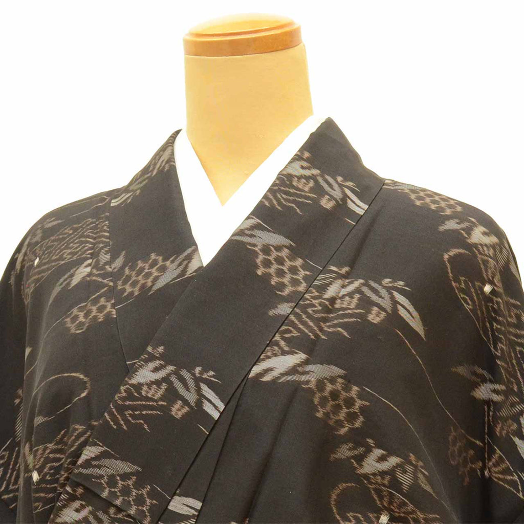 [Used] Kurume Kasuri Recycled Kimono, Pure Silk, Size M, Premium Quality, Length 159.8cm, Kurume Silk Oshima, Matsuzakaya Made, Sleeve Length 64.8cm, Lined, Ready-made, Post-dyed, Brown, Flowing Water and Bamboo Pattern, SILK, Reuse uu2567b 