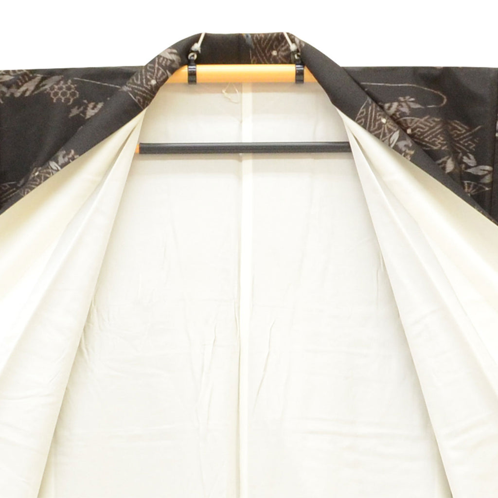 [Used] Kurume Kasuri Recycled Kimono, Pure Silk, Size M, Premium Quality, Length 159.8cm, Kurume Silk Oshima, Matsuzakaya Made, Sleeve Length 64.8cm, Lined, Ready-made, Post-dyed, Brown, Flowing Water and Bamboo Pattern, SILK, Reuse uu2567b 