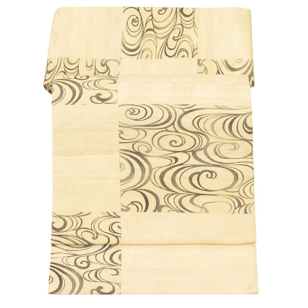 Vintage Japanese Obi | Nagoya Obi | Beige Silk Tsumugi | Kanze Water Pattern | Pearl-tone | Excellent | Sustainable | uu2569b