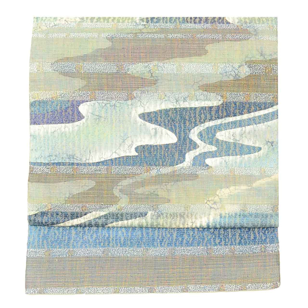 Vintage Japanese Obi | Fukuro Obi | Blue Navy Silk | Stream Pattern | Kori-ware Ichin-zome | Artisan Daito Kyukyo | Sustainable | uu2570b