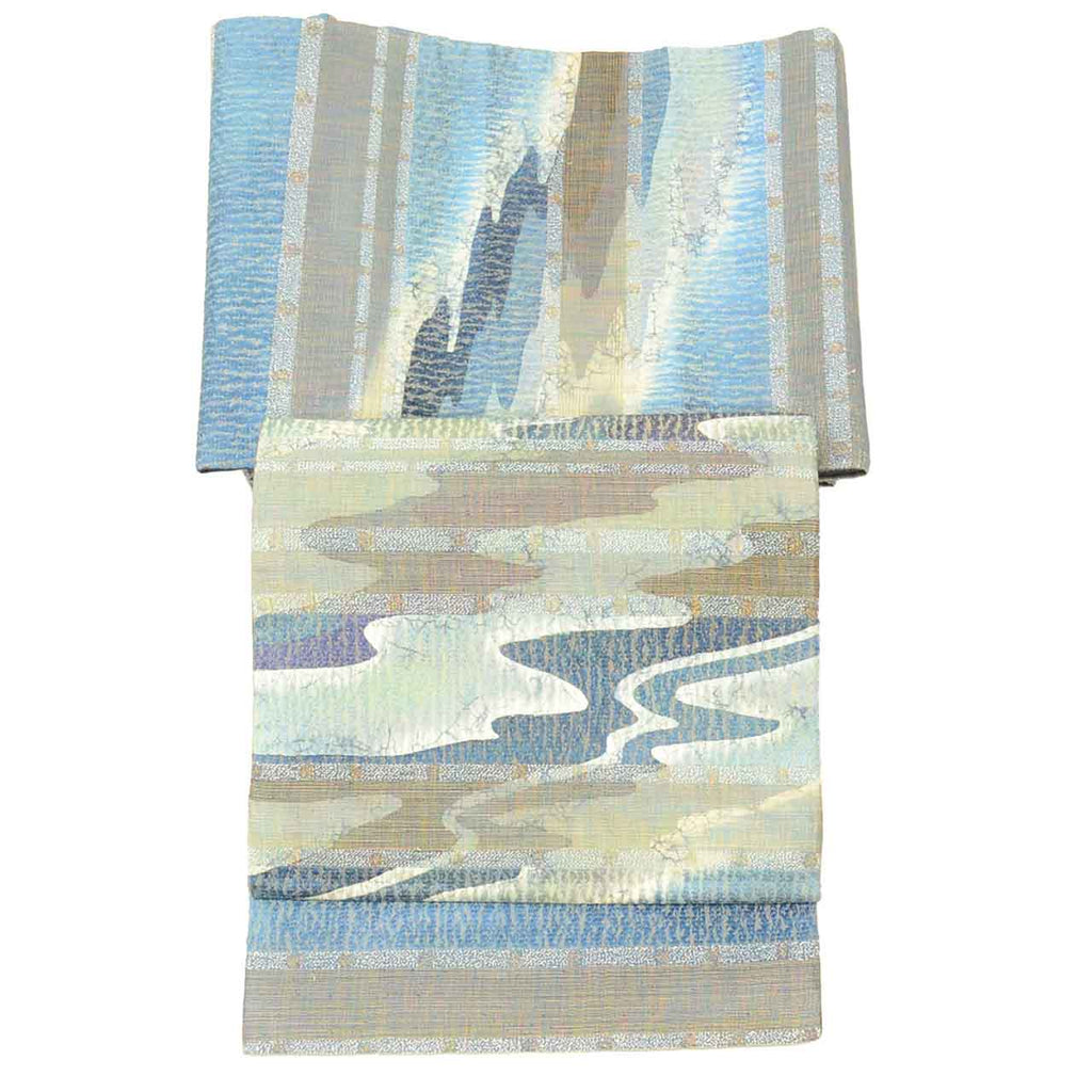 Vintage Japanese Obi | Fukuro Obi | Blue Navy Silk | Stream Pattern | Kori-ware Ichin-zome | Artisan Daito Kyukyo | Sustainable | uu2570b