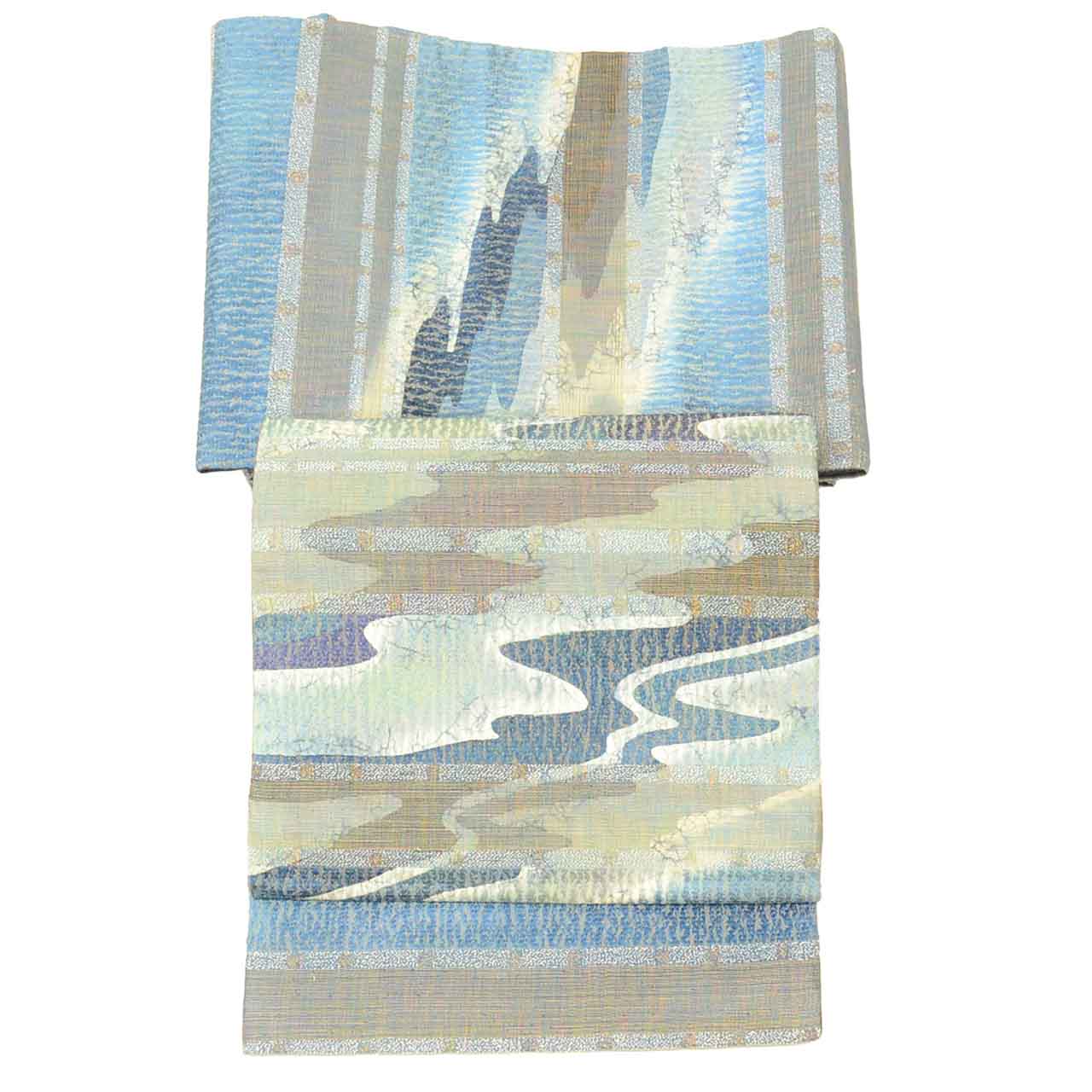 Vintage Japanese Obi | Fukuro Obi | Blue Navy Silk | Stream Pattern | Kori-ware Ichin-zome | Artisan Daito Kyukyo | Sustainable | uu2570b